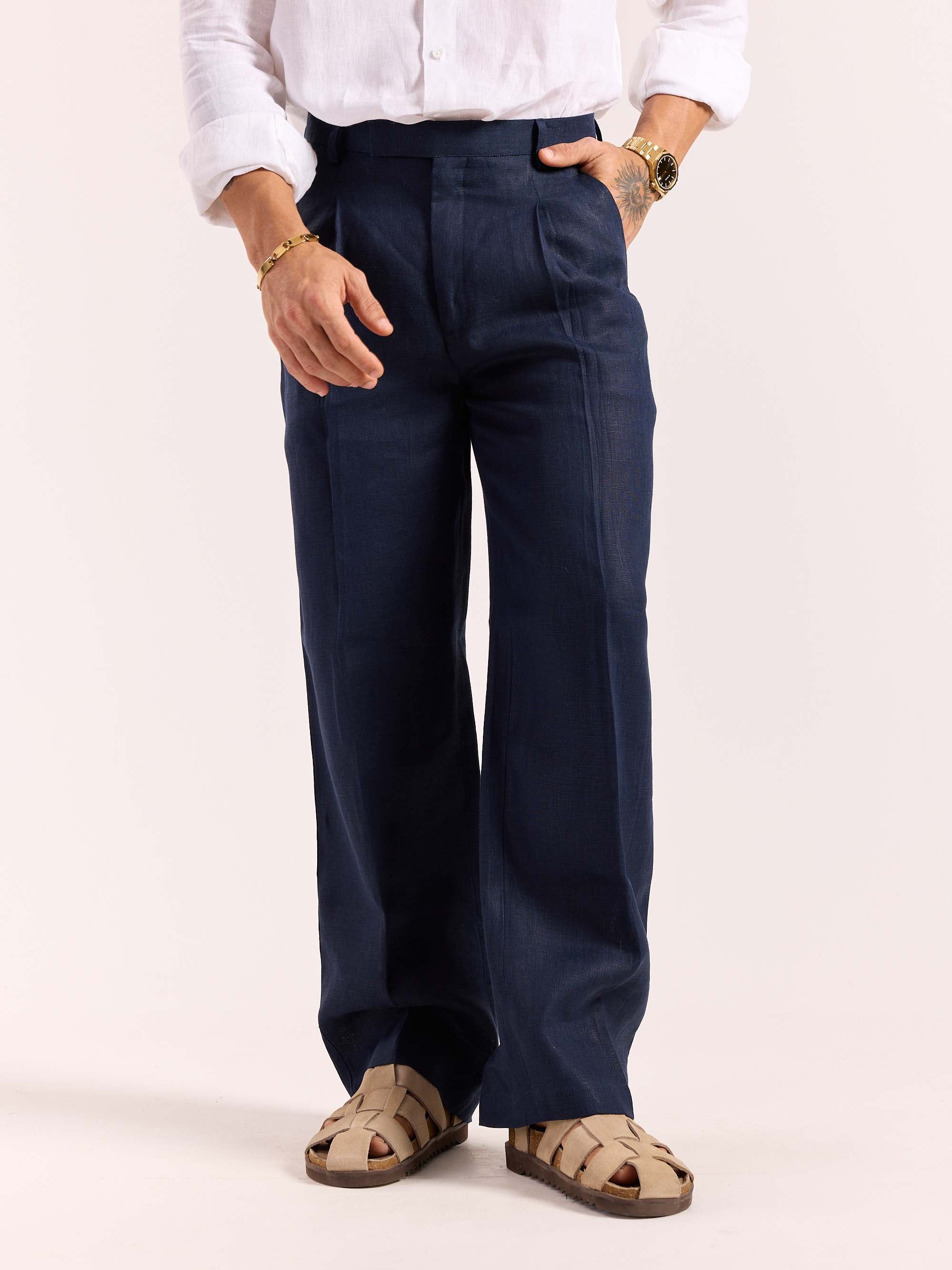 Navy Blue Linen Baggy Fit Trousers - Image 3
