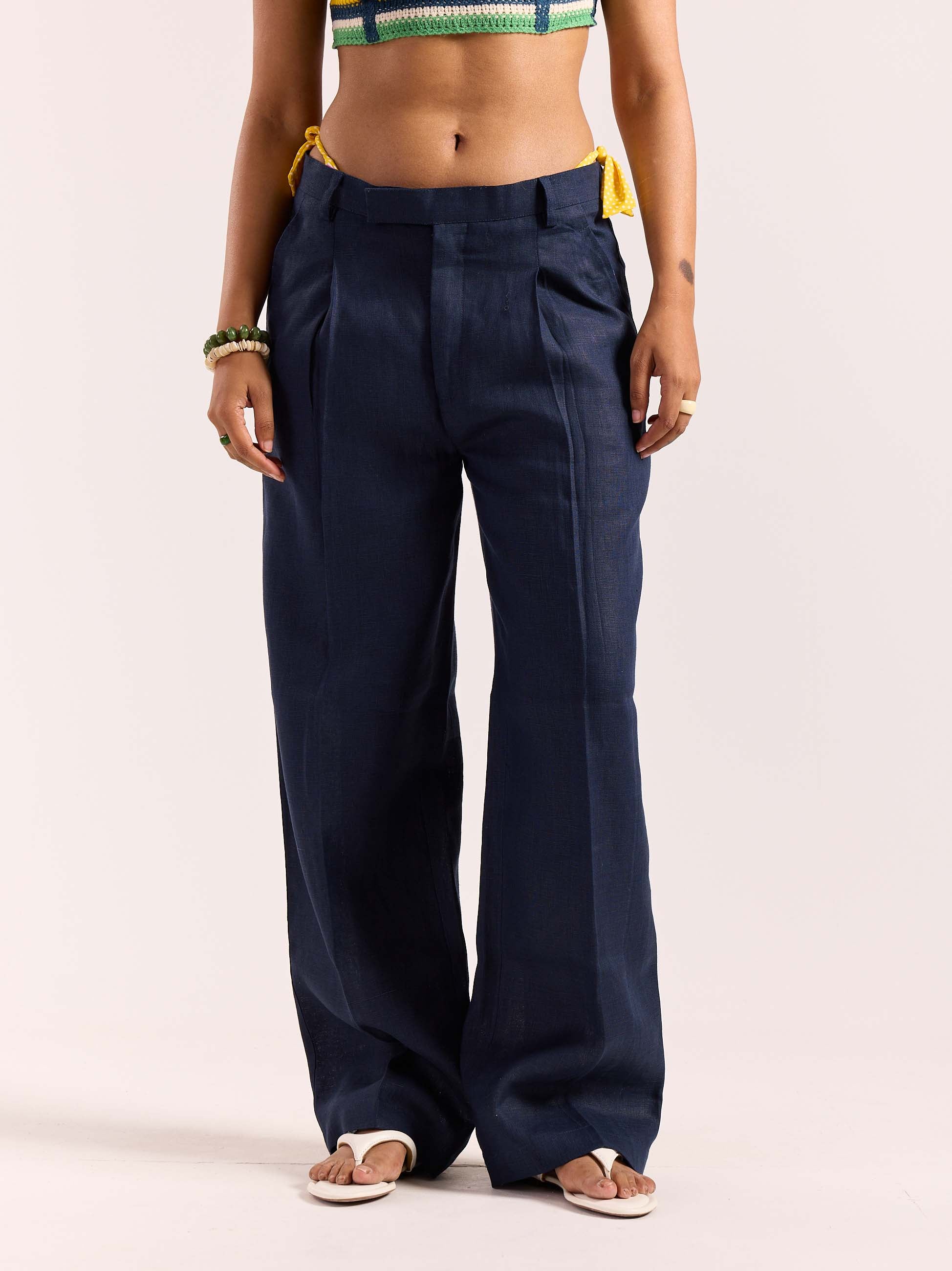 Navy Blue Linen Baggy Fit Trousers - Image 4