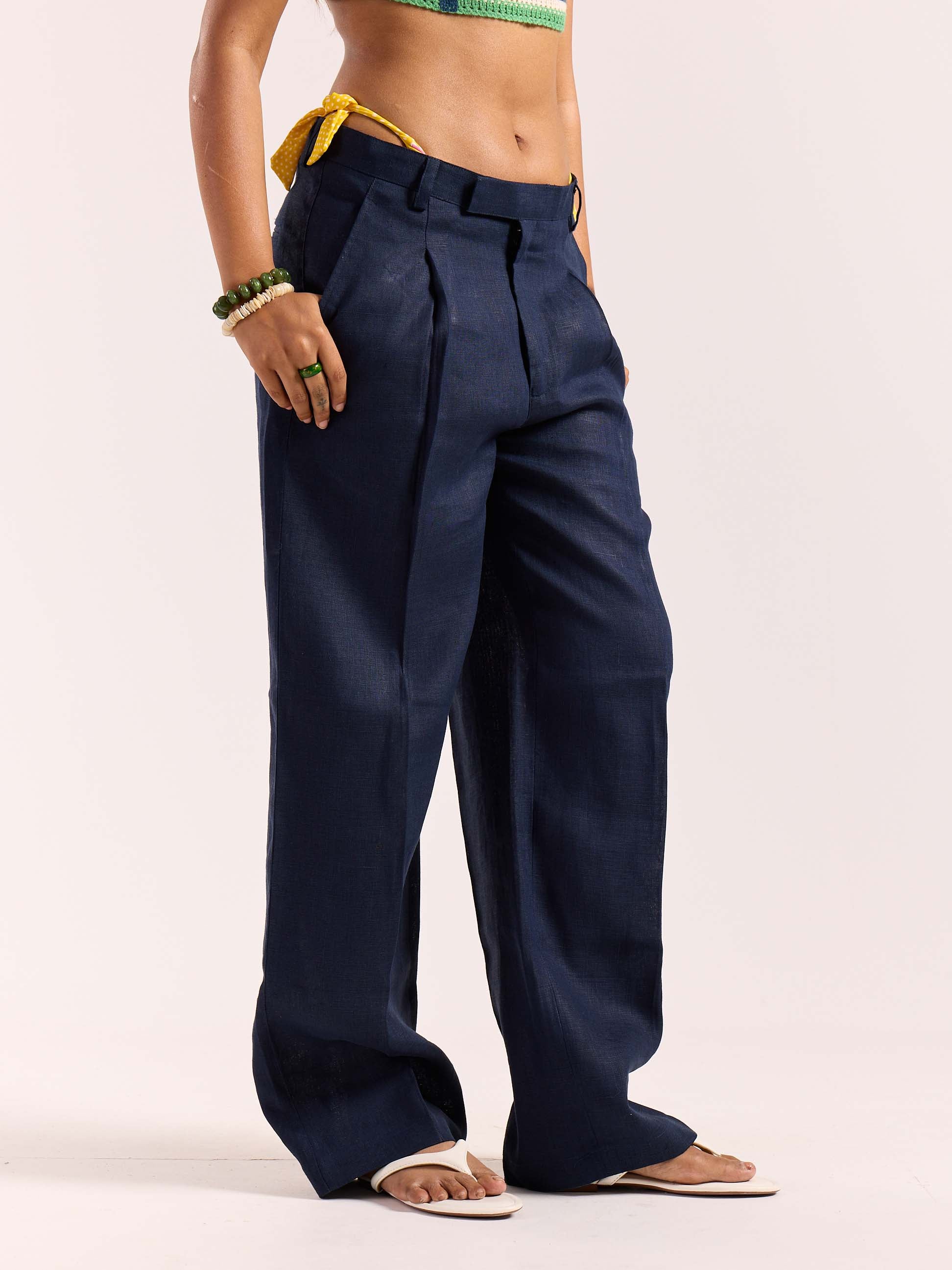Navy Blue Linen Baggy Fit Trousers - Image 5
