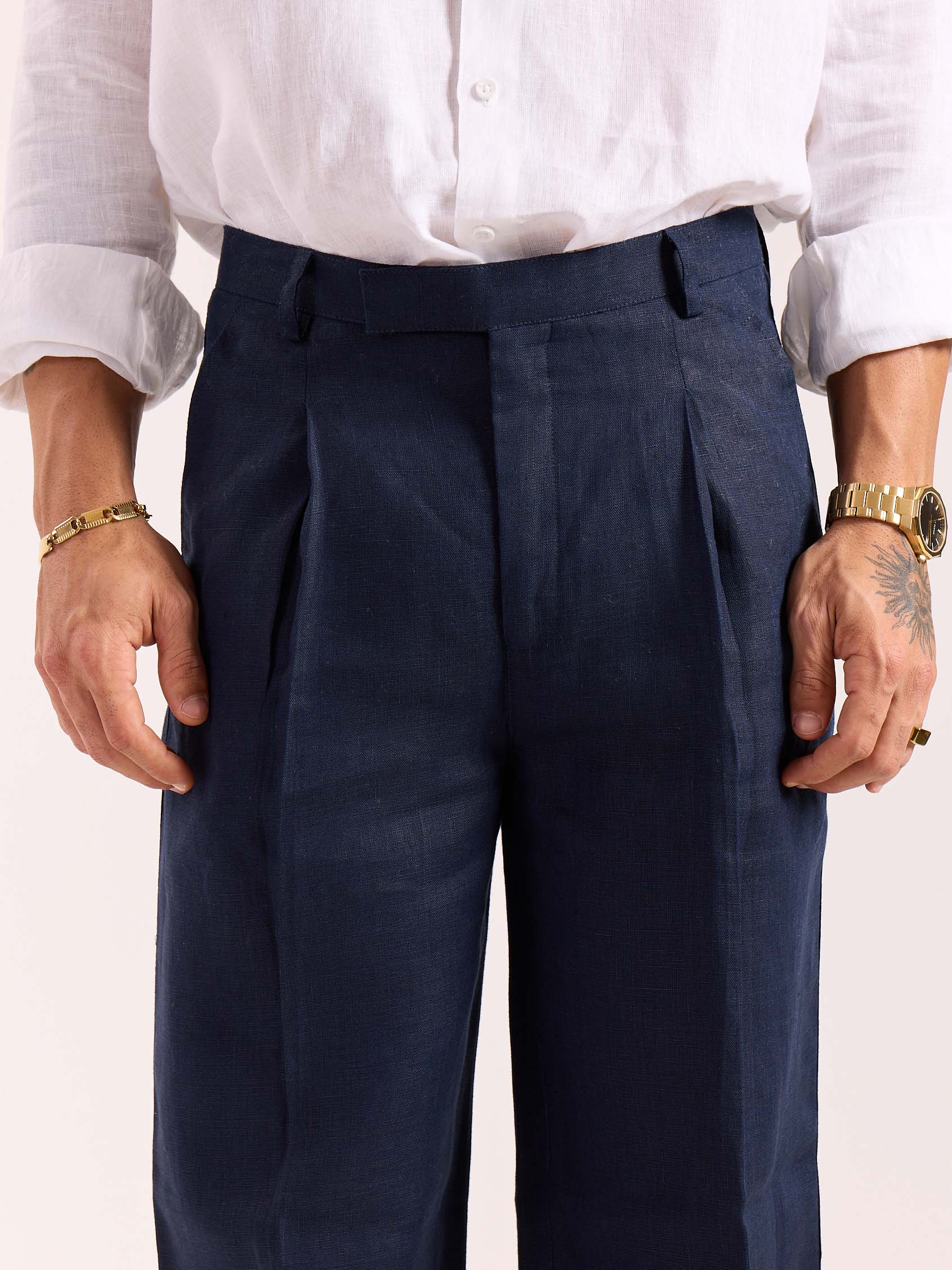 Navy Blue Linen Baggy Fit Trousers - Image 6