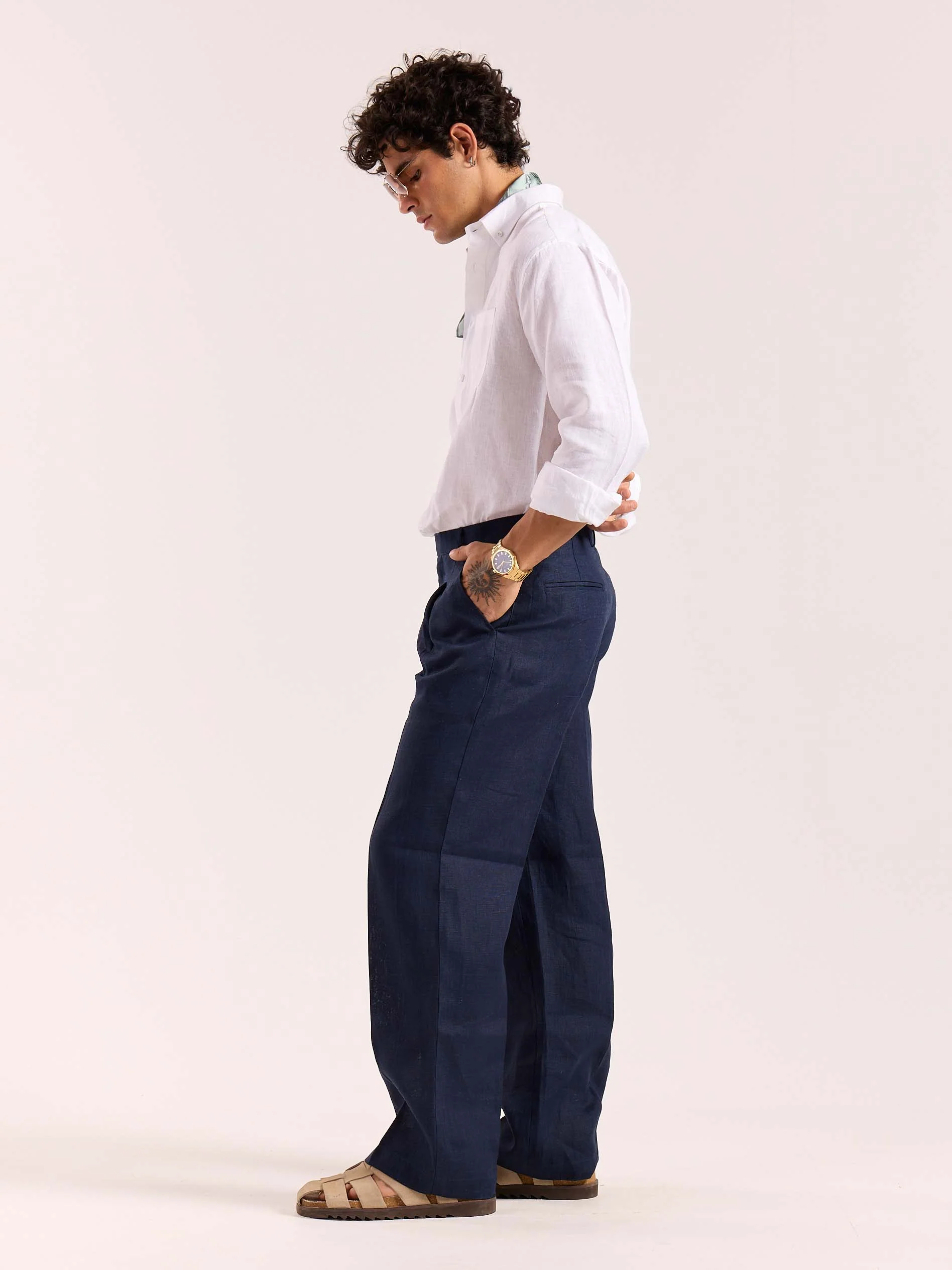 Navy Blue Linen Baggy Fit Trousers - Image 7