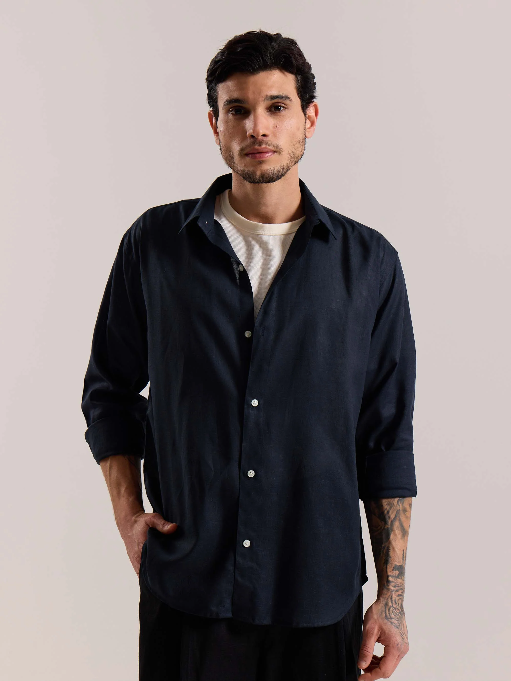 Navy Blue Linen-blend Shirt - Image 3