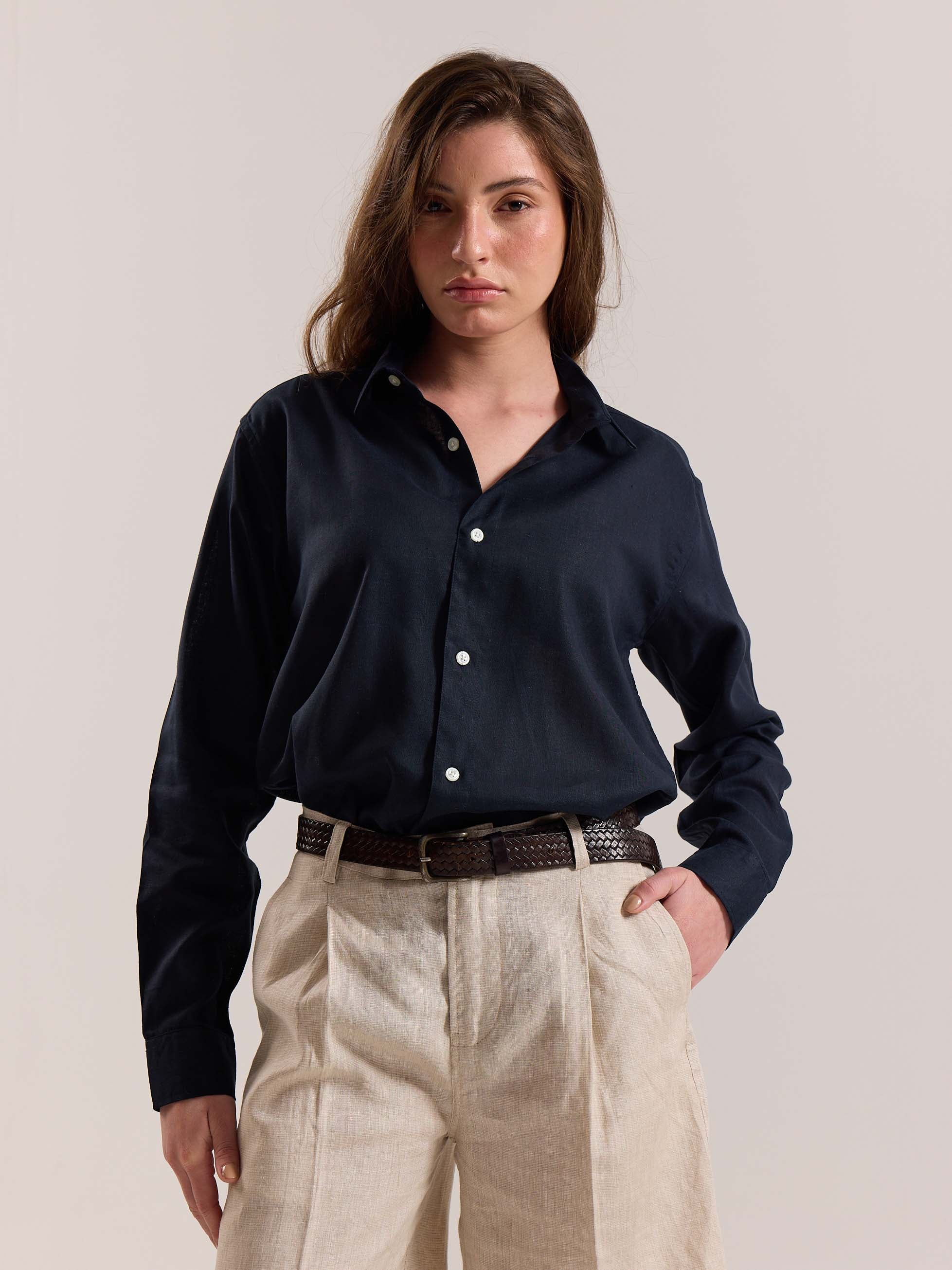 Navy Blue Linen-blend Shirt - Image 4