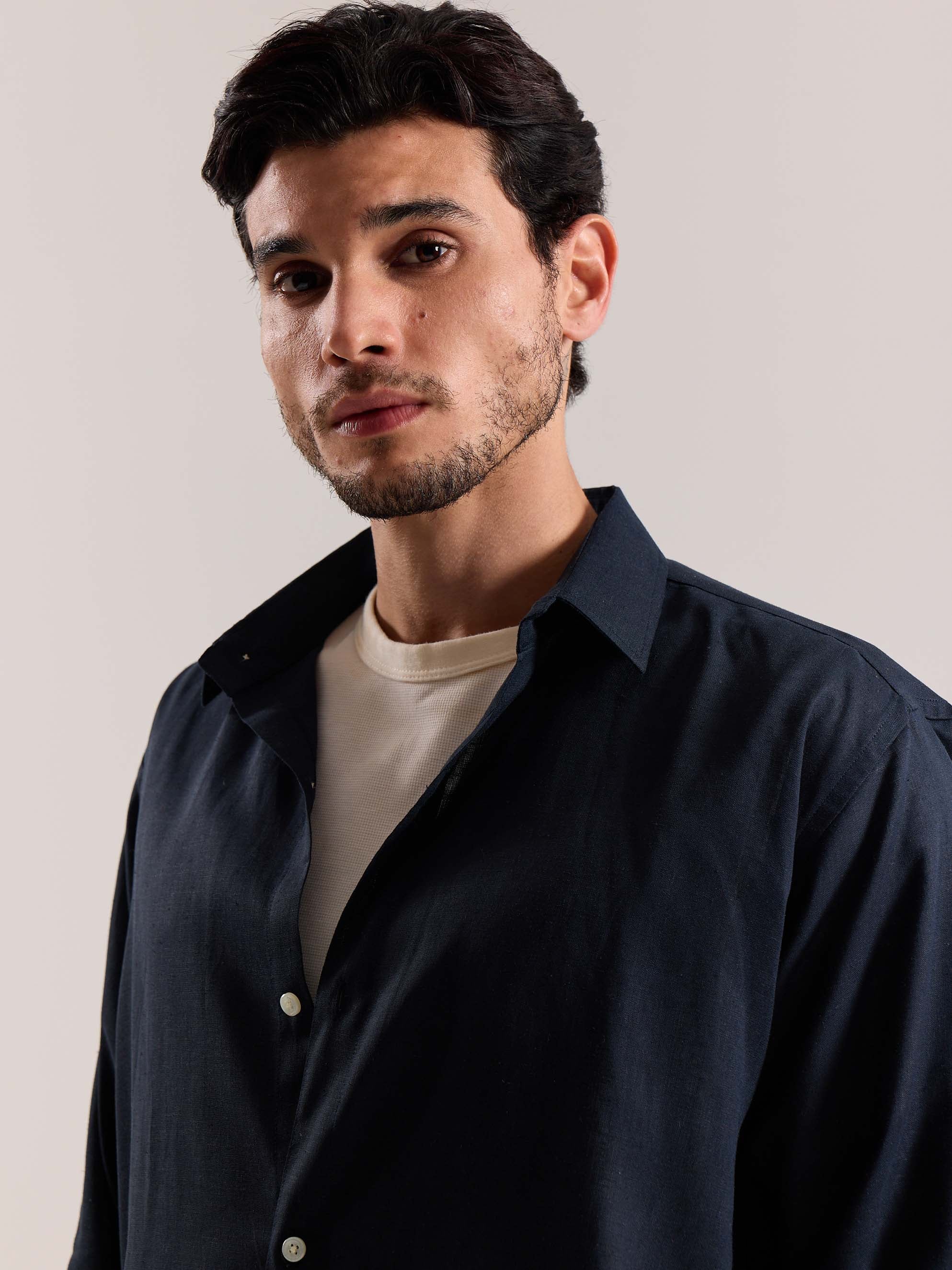 Navy Blue Linen-blend Shirt - Image 5
