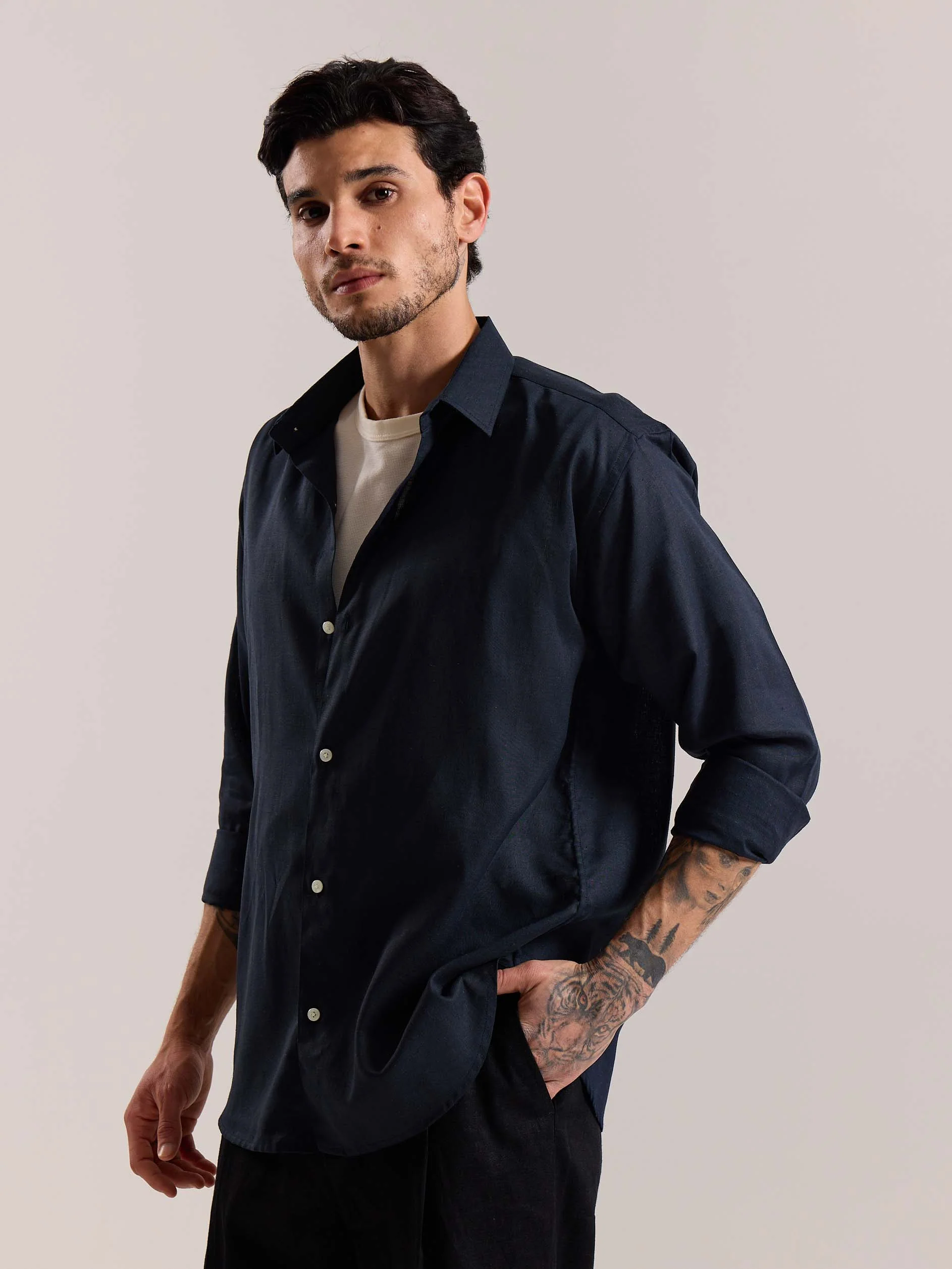 Navy Blue Linen-blend Shirt - Image 6