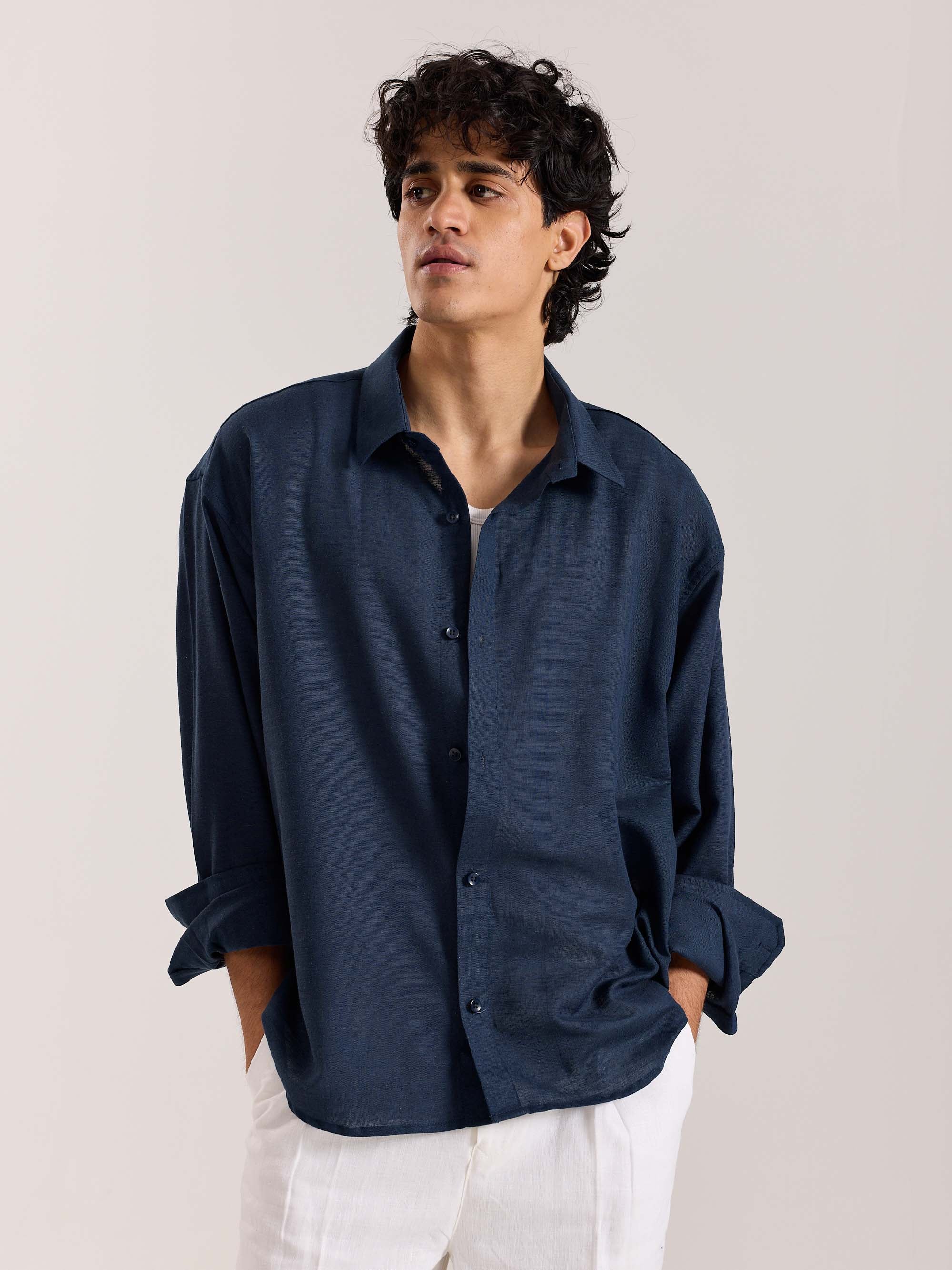 Navy Blue Linen Cropped Shirt - Image 2