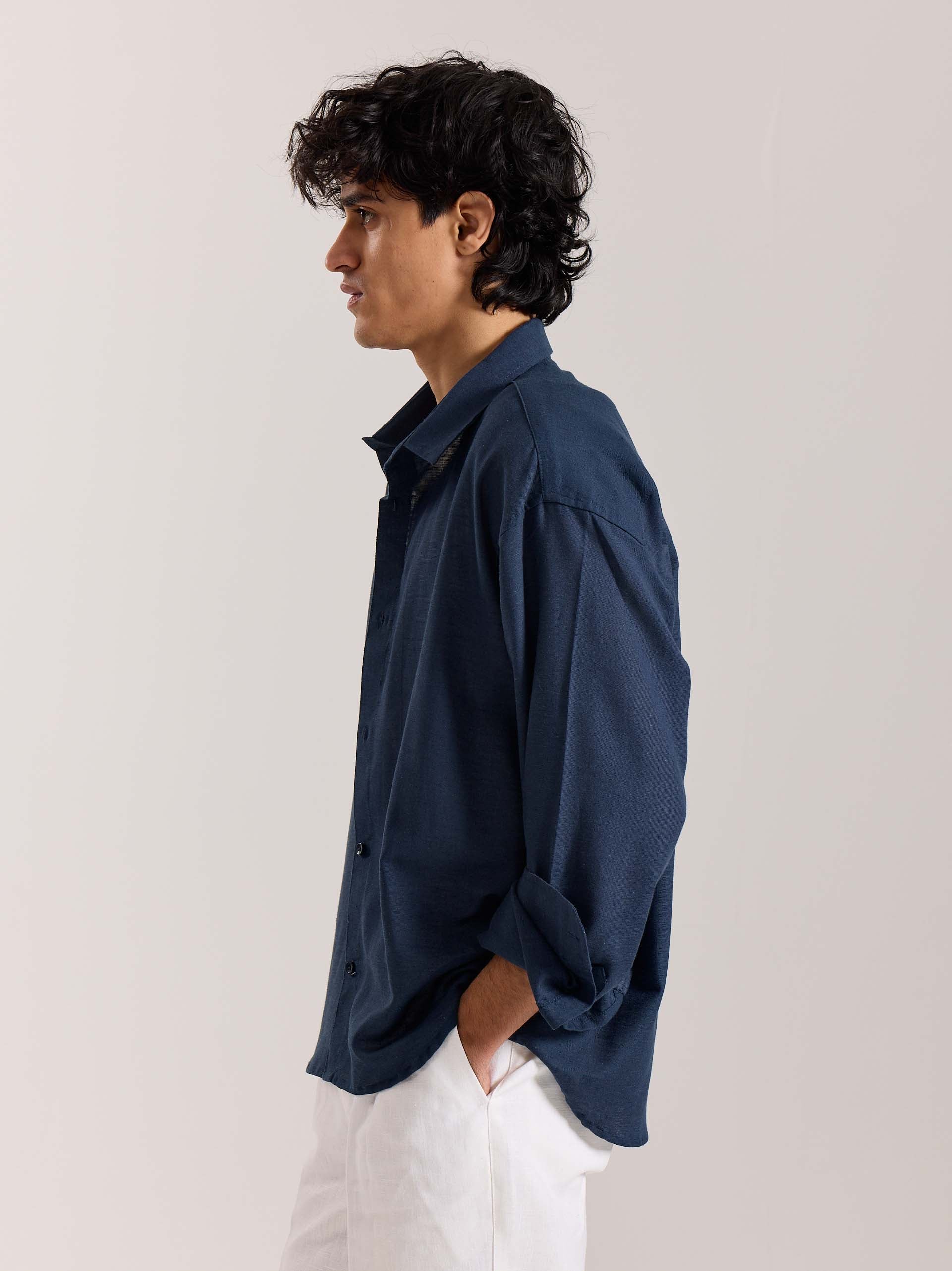 Navy Blue Linen Cropped Shirt - Image 5