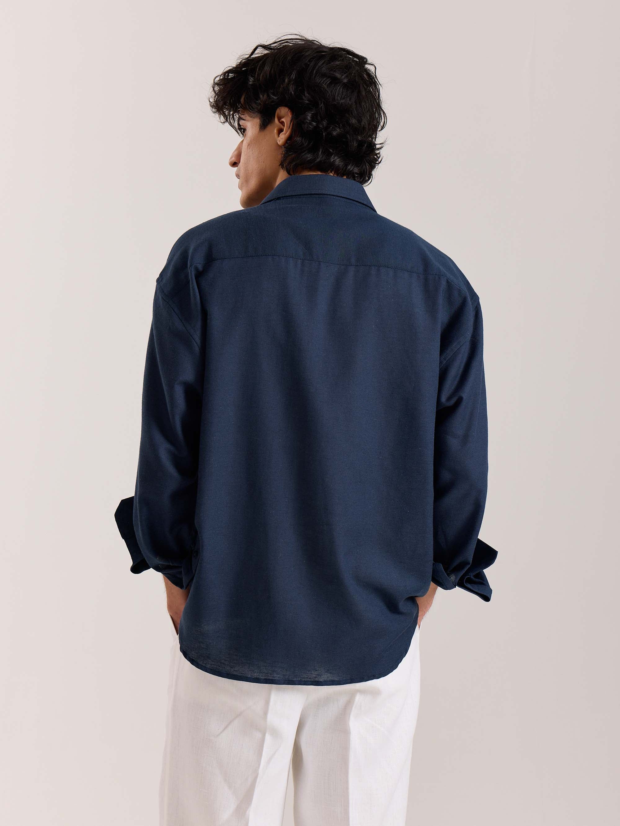 Navy Blue Linen Cropped Shirt - Image 6