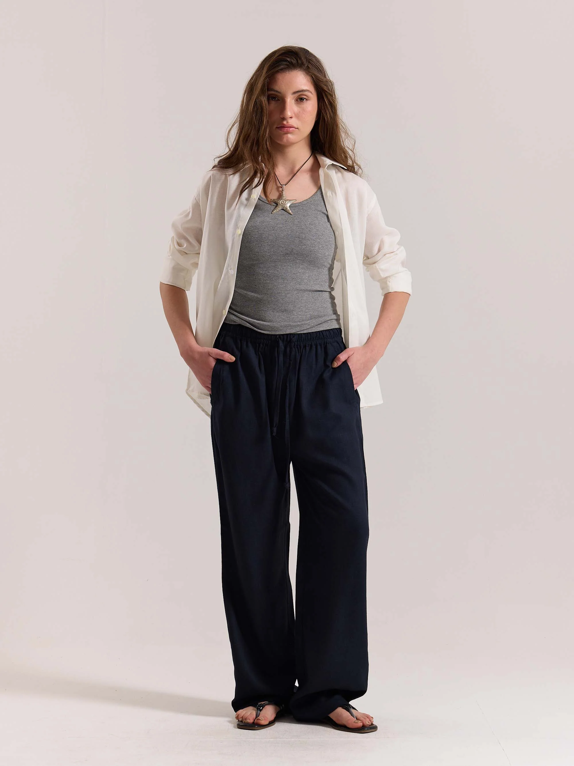 Navy Blue Linen Pull-on Pants - Image 2