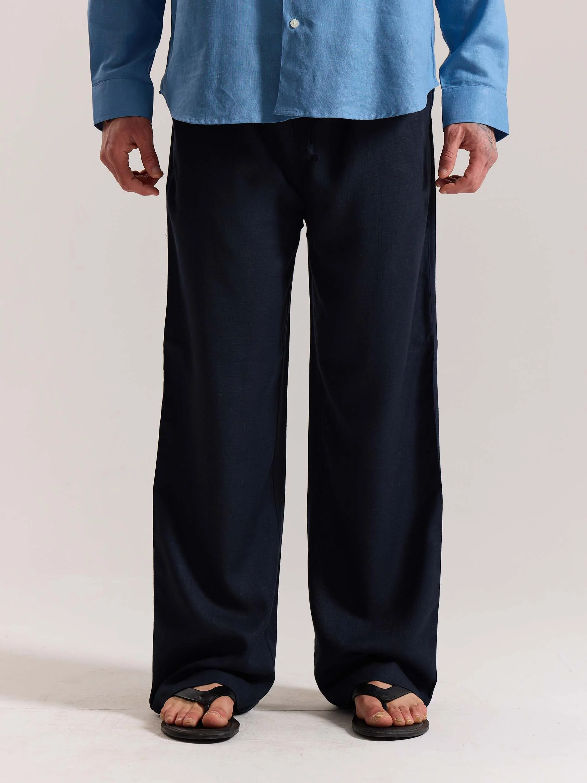 Navy Blue Linen Pull-on Pants - Image 3
