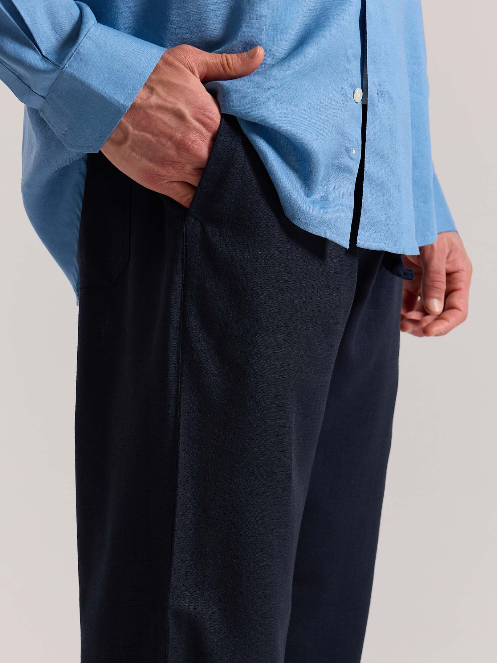 Navy Blue Linen Pull-on Pants - Image 5