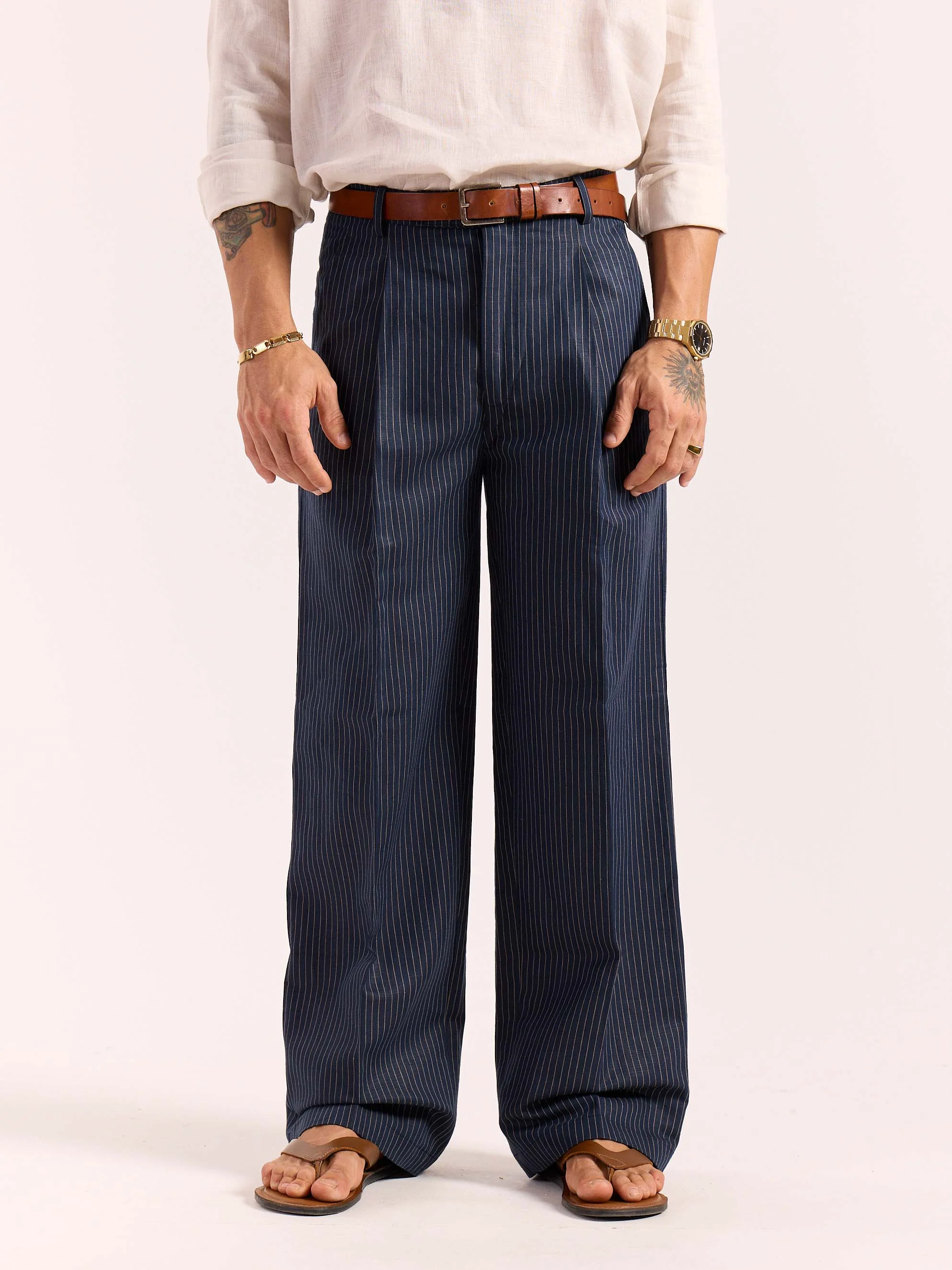 Navy Blue Pinstriped Linen Baggy Fit Trousers - Image 3