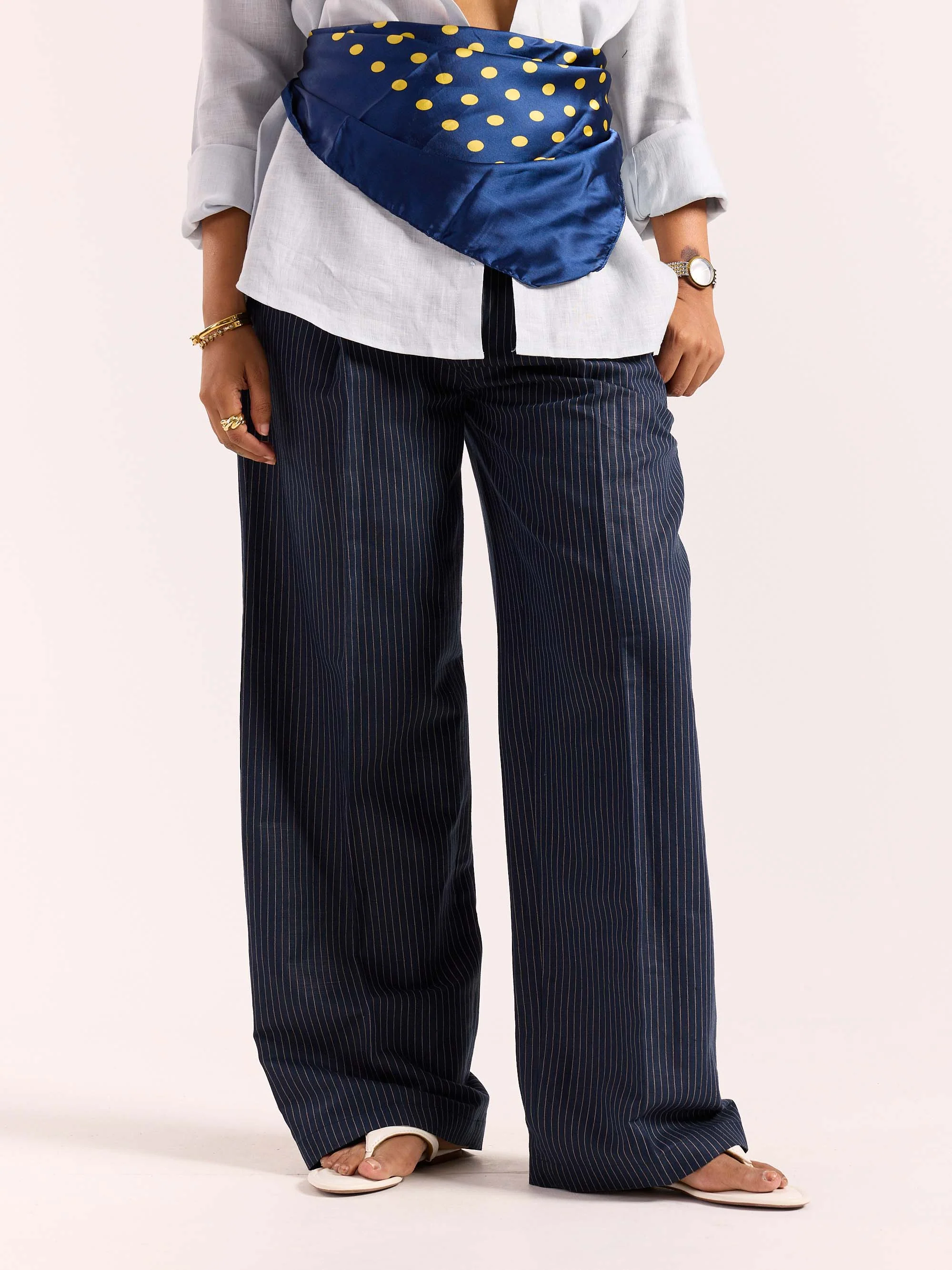 Navy Blue Pinstriped Linen Baggy Fit Trousers - Image 4