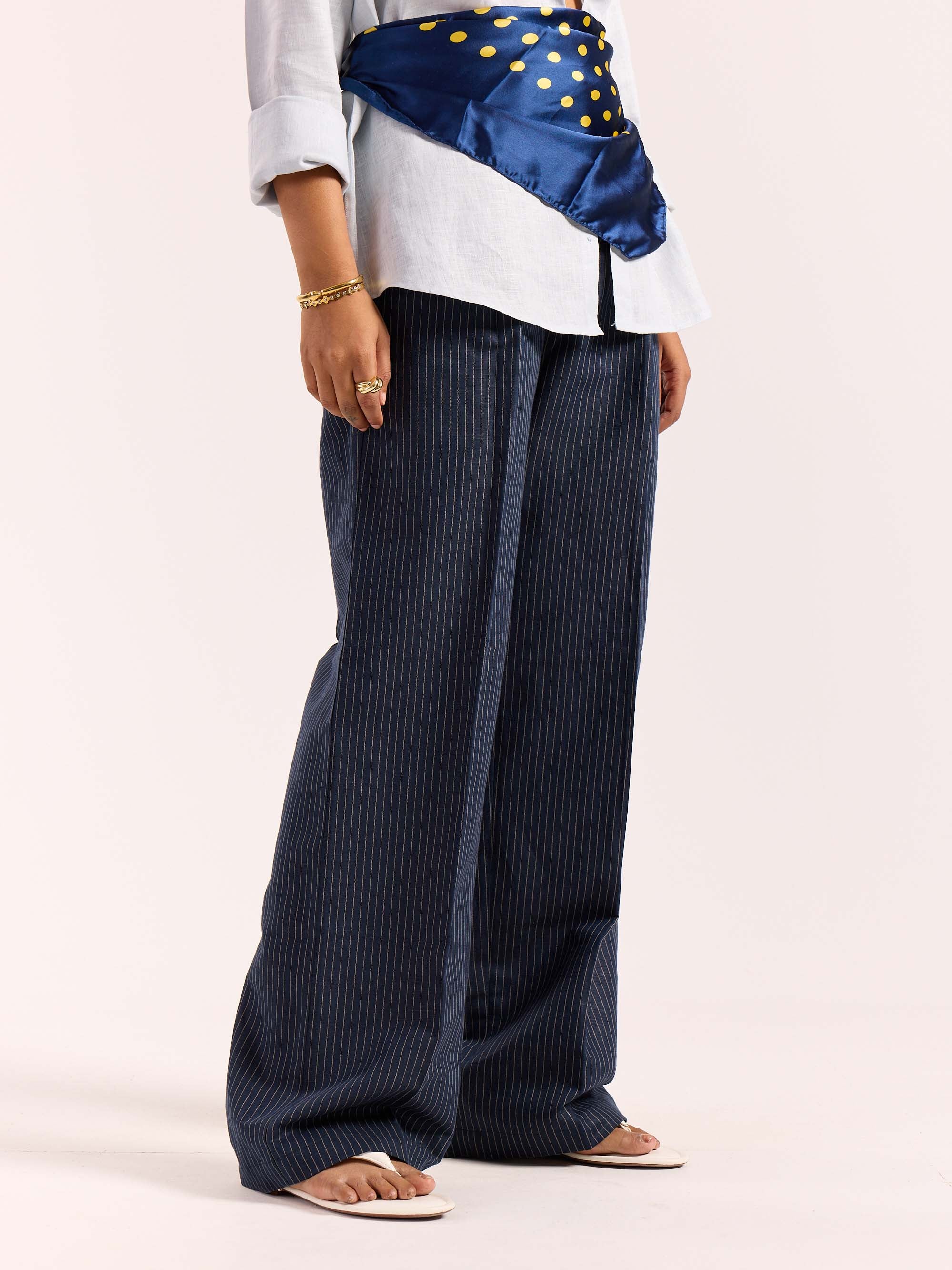 Navy Blue Pinstriped Linen Baggy Fit Trousers - Image 5