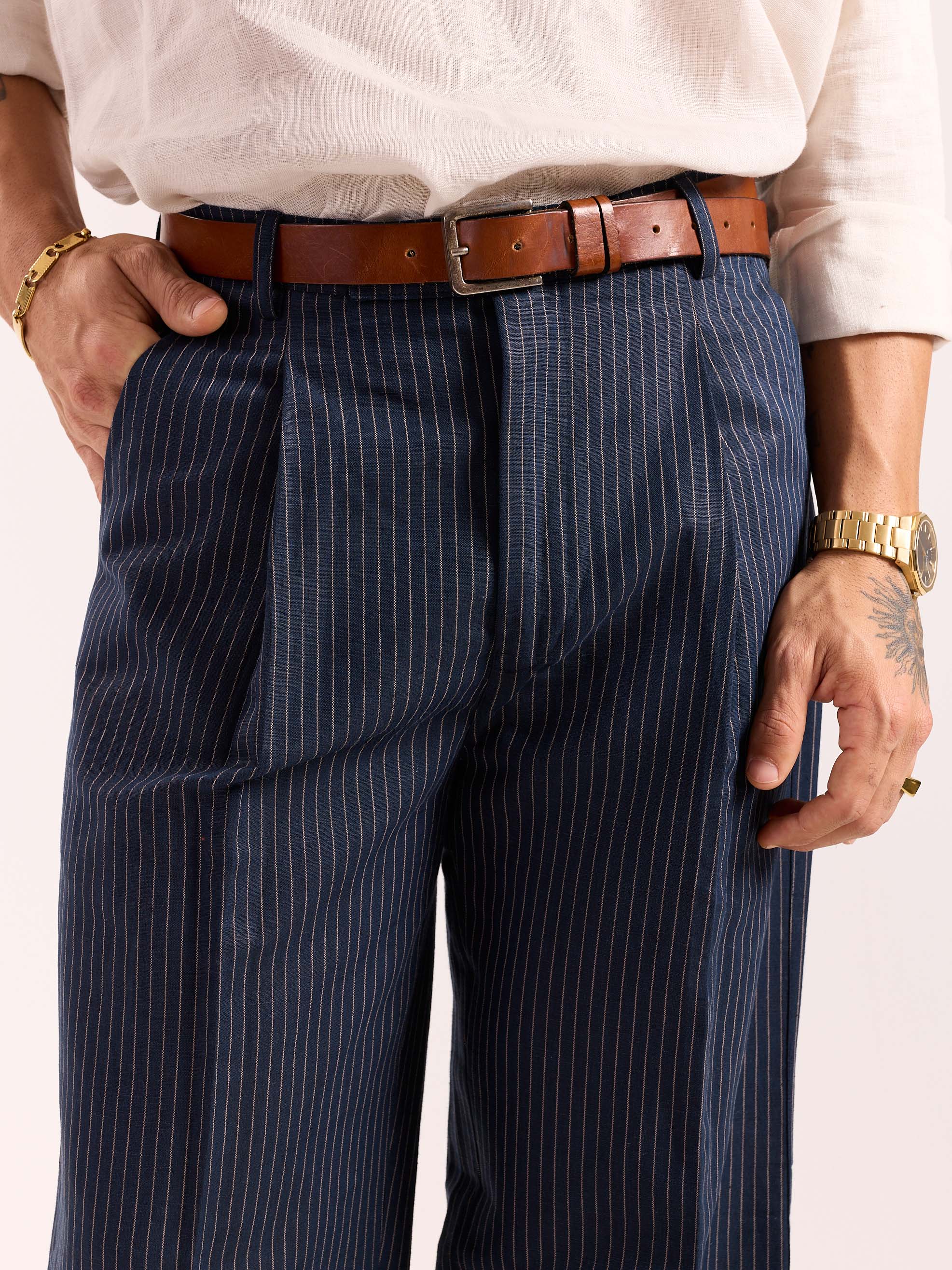 Navy Blue Pinstriped Linen Baggy Fit Trousers - Image 6