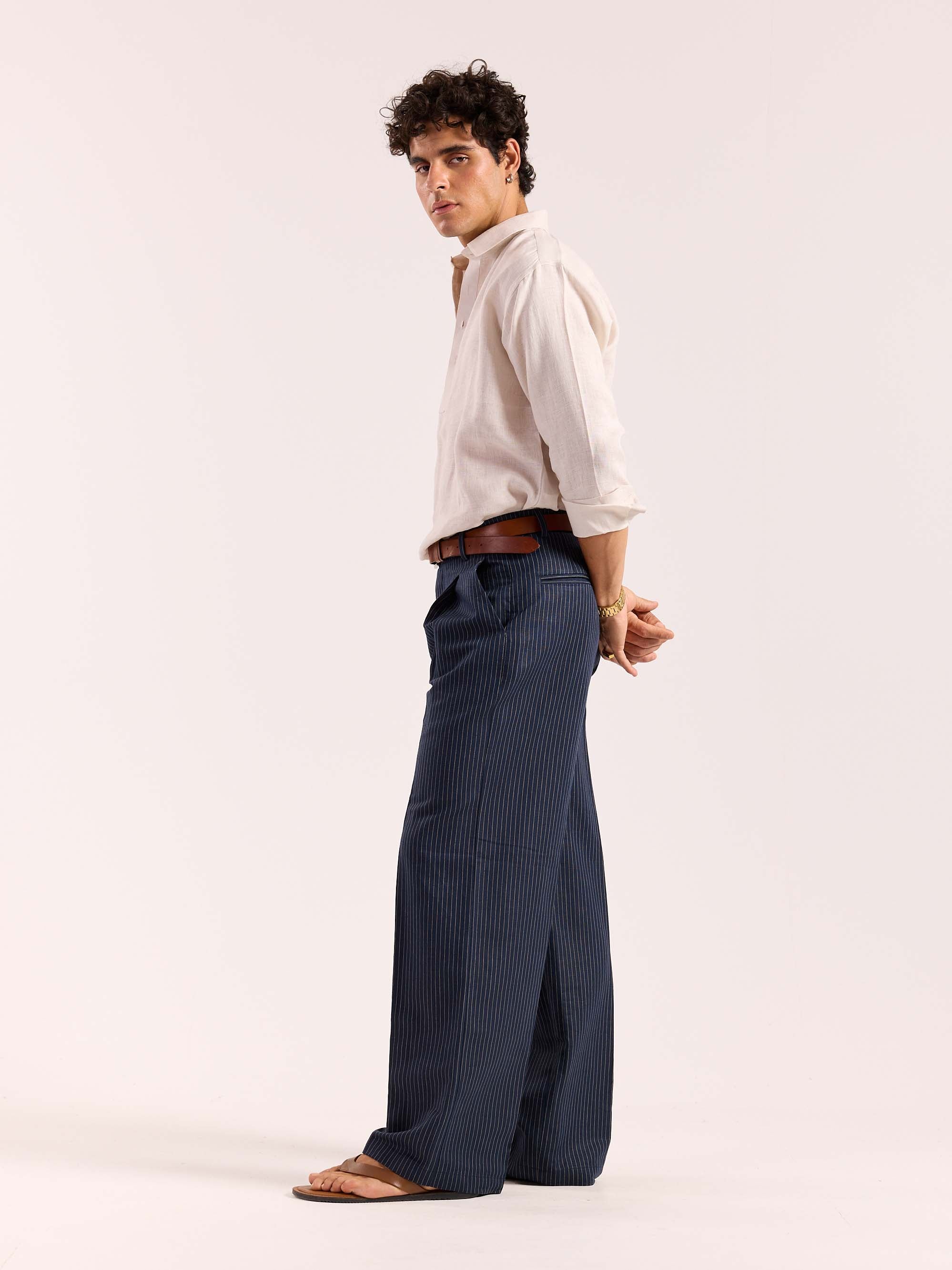Navy Blue Pinstriped Linen Baggy Fit Trousers - Image 7