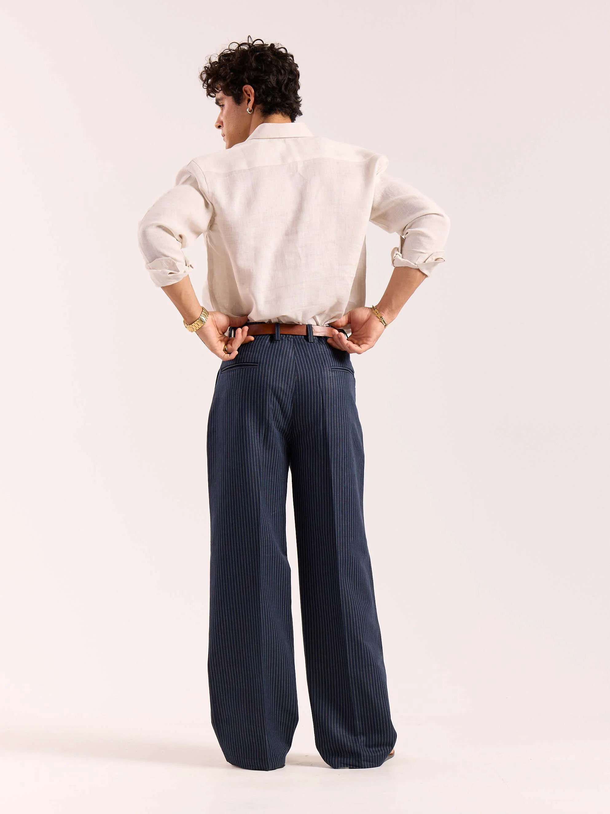 Navy Blue Pinstriped Linen Baggy Fit Trousers - Image 8