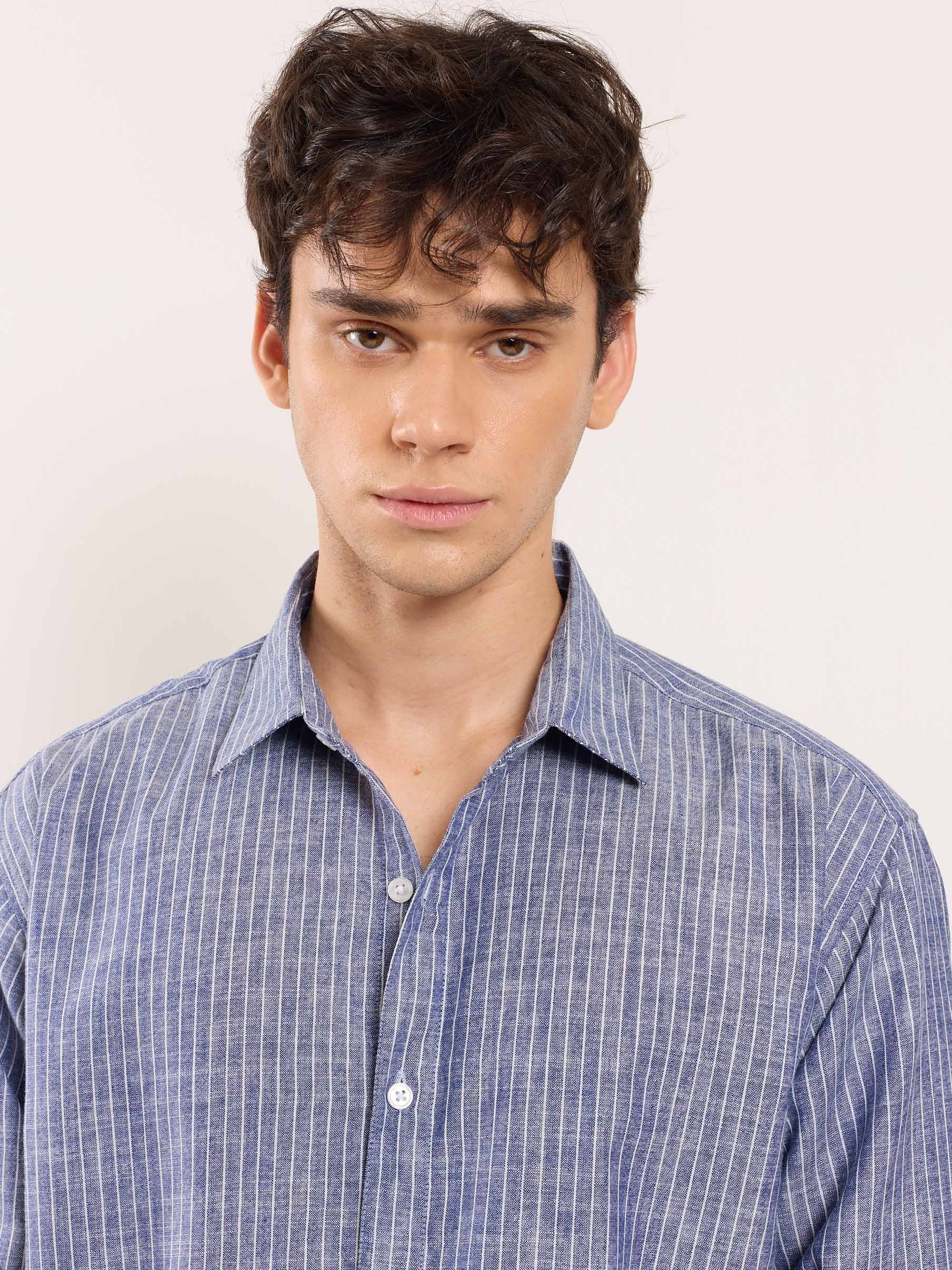 Navy Blue Striped Linen Shirt - Image 3