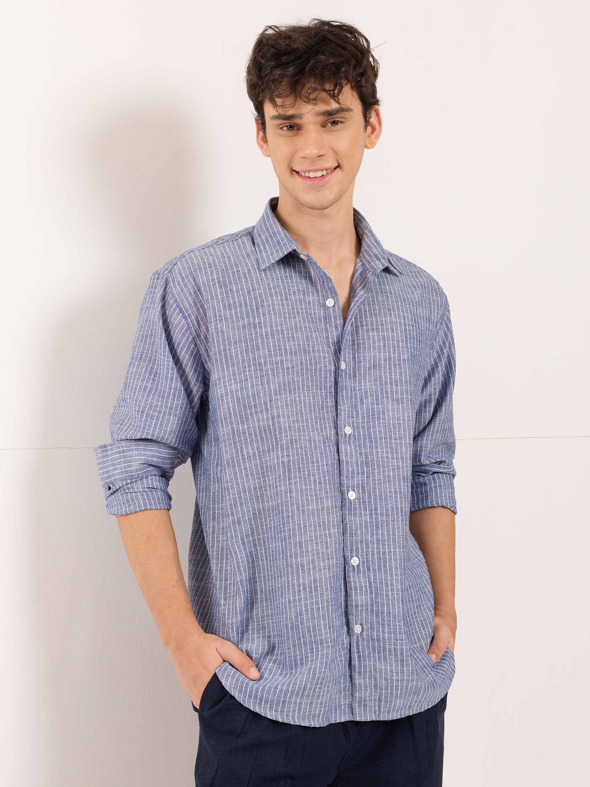 Navy Blue Striped Linen Shirt - Image 4
