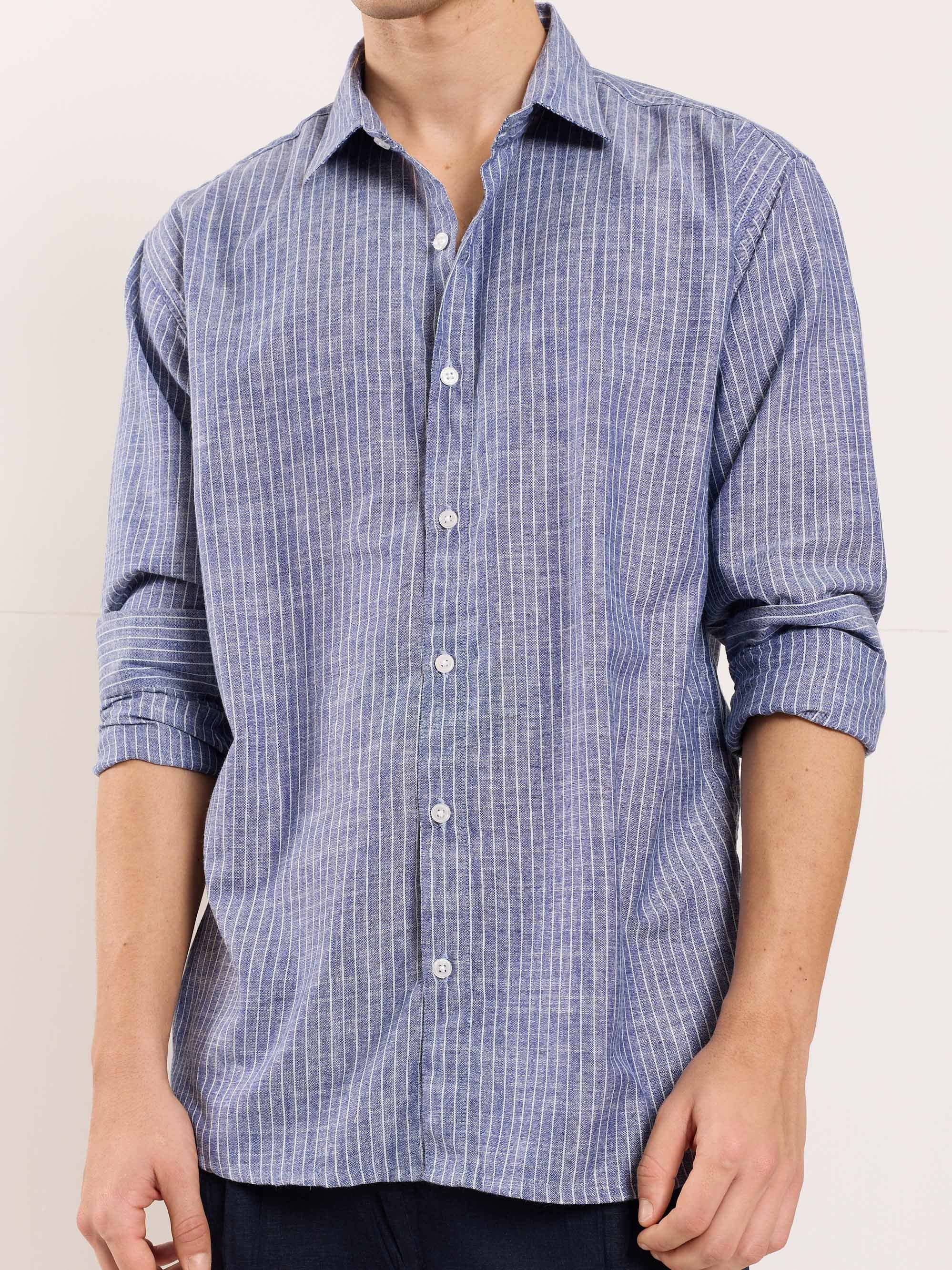 Navy Blue Striped Linen Shirt - Image 5