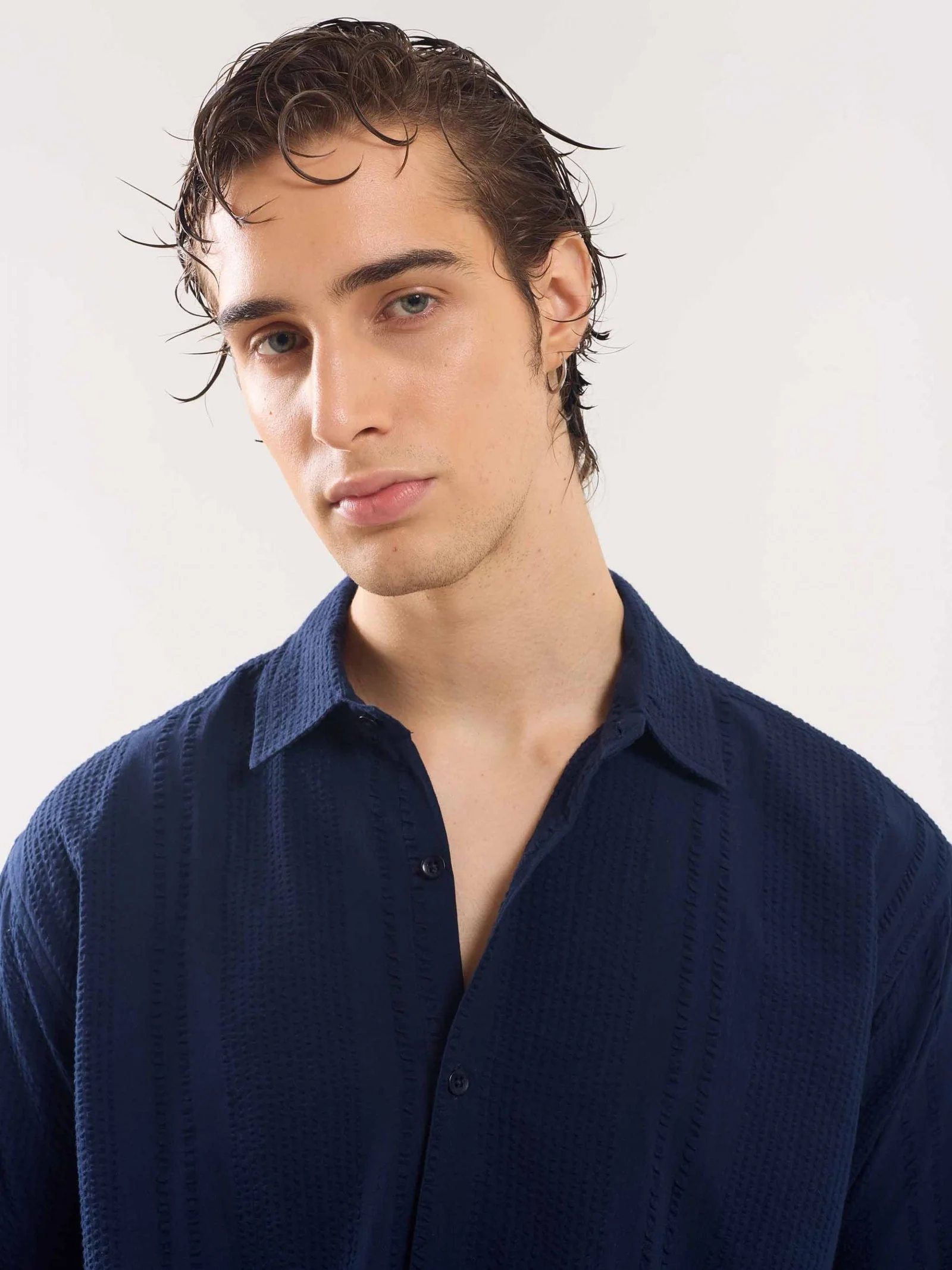 Navy Blue Textured Holiday Shirt - Image 3