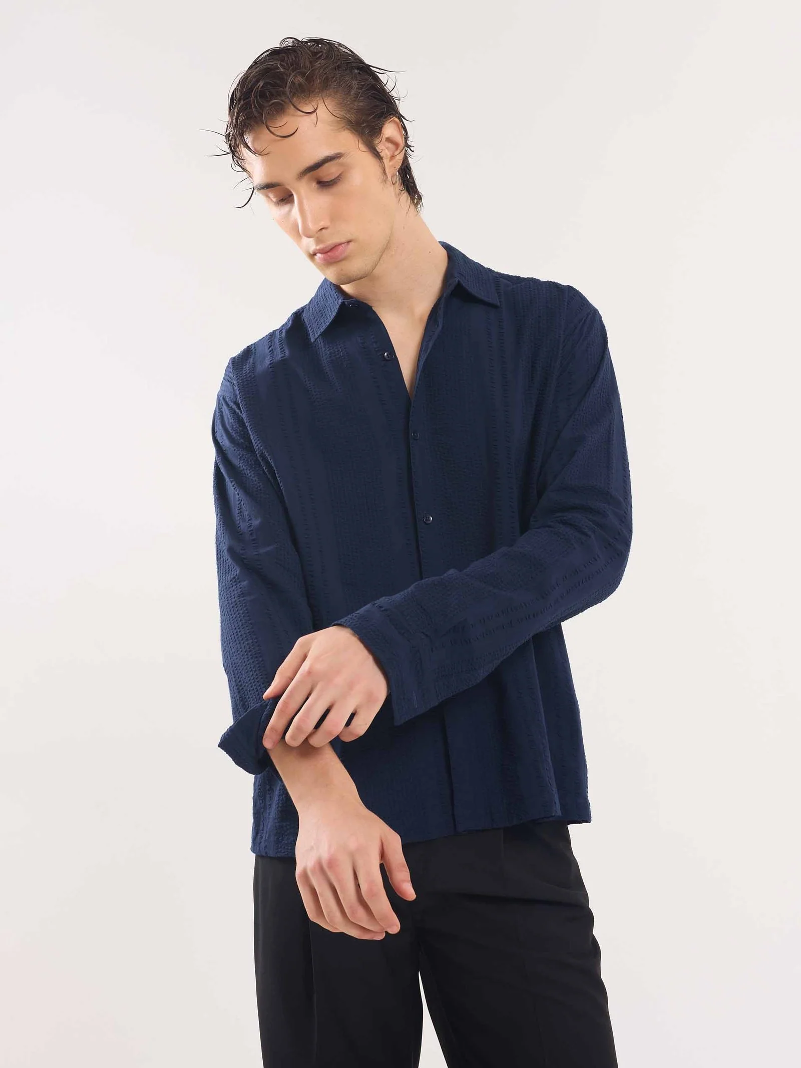 Navy Blue Textured Holiday Shirt - Image 4