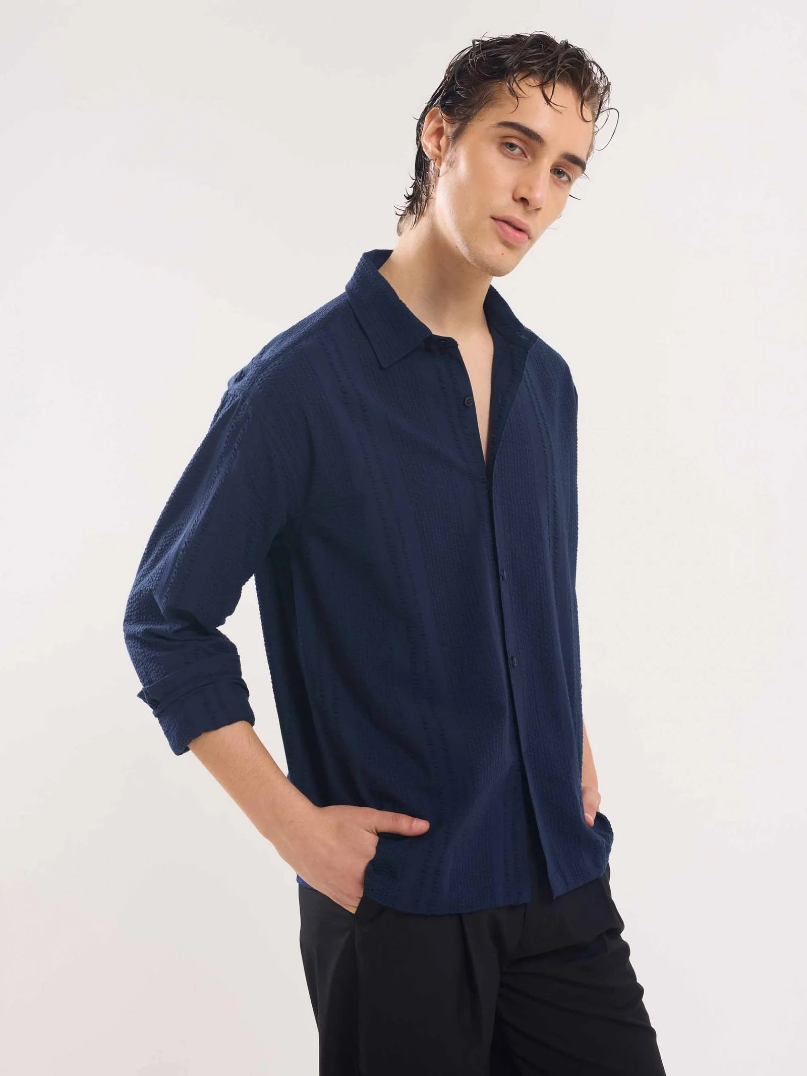 Navy Blue Textured Holiday Shirt - Image 5
