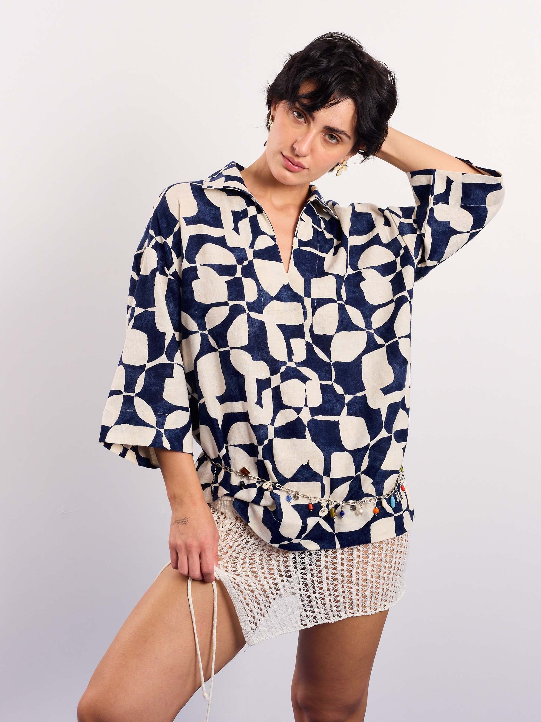 Navy & Cream Abstract Printed Pullover - Image 7