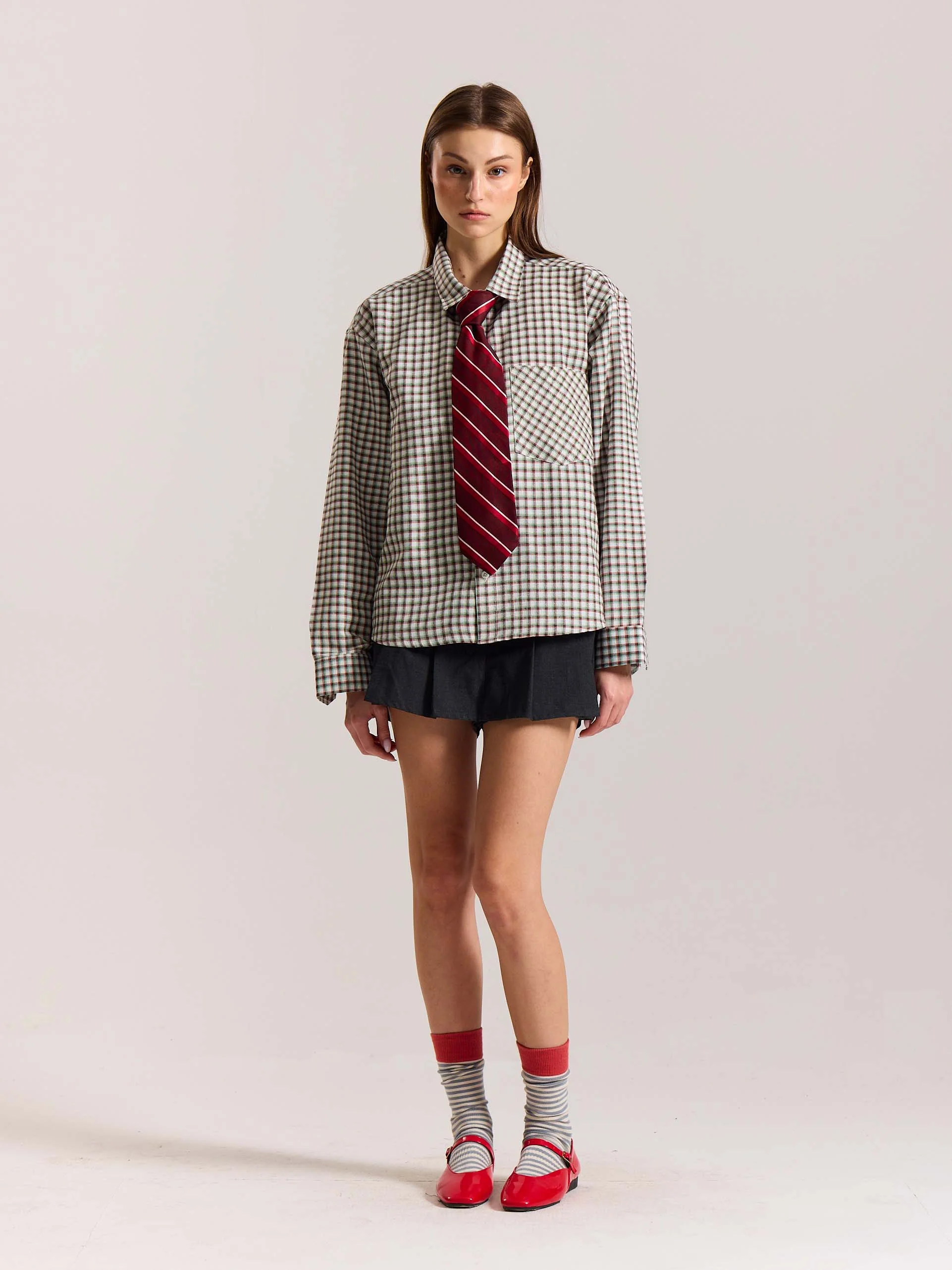 Off White Checkered Oversized Cropped Shirt - Image 2