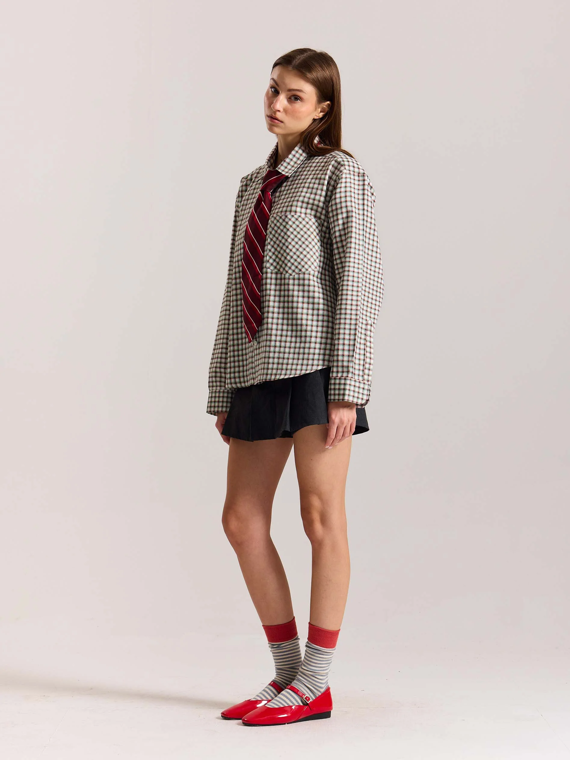 Off White Checkered Oversized Cropped Shirt - Image 6
