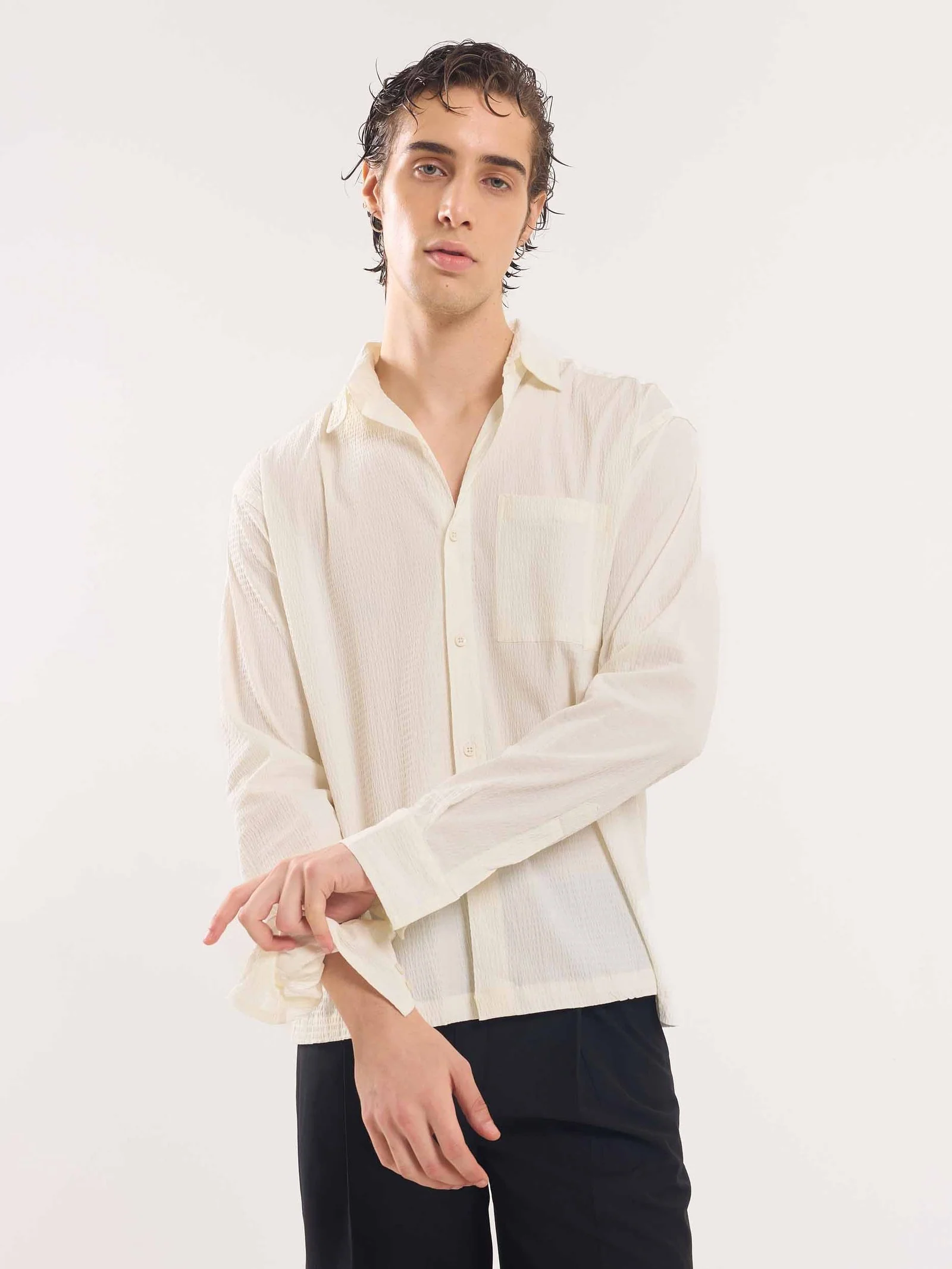 Off White Textured Holiday Shirt - Image 4