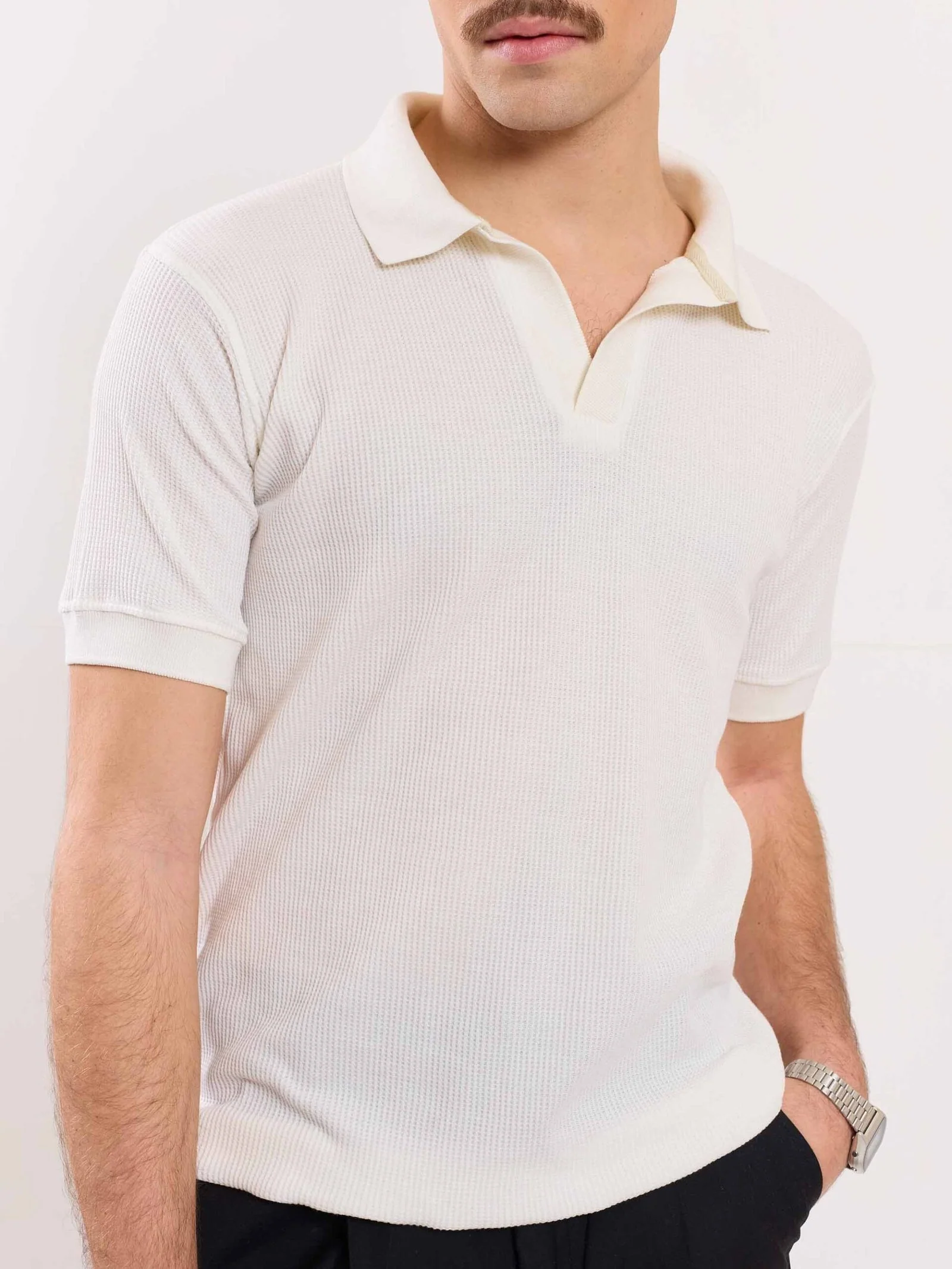 Off White Waffle Knit Polo T-shirt - Image 4