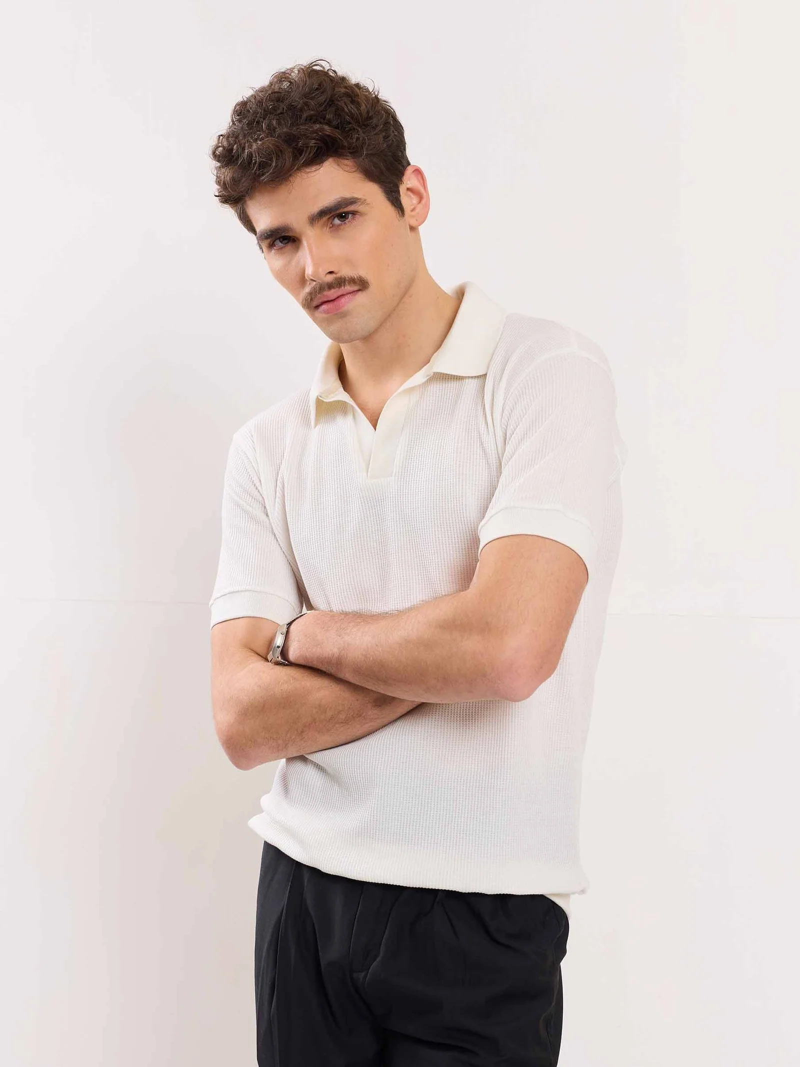 Off White Waffle Knit Polo T-shirt - Image 5