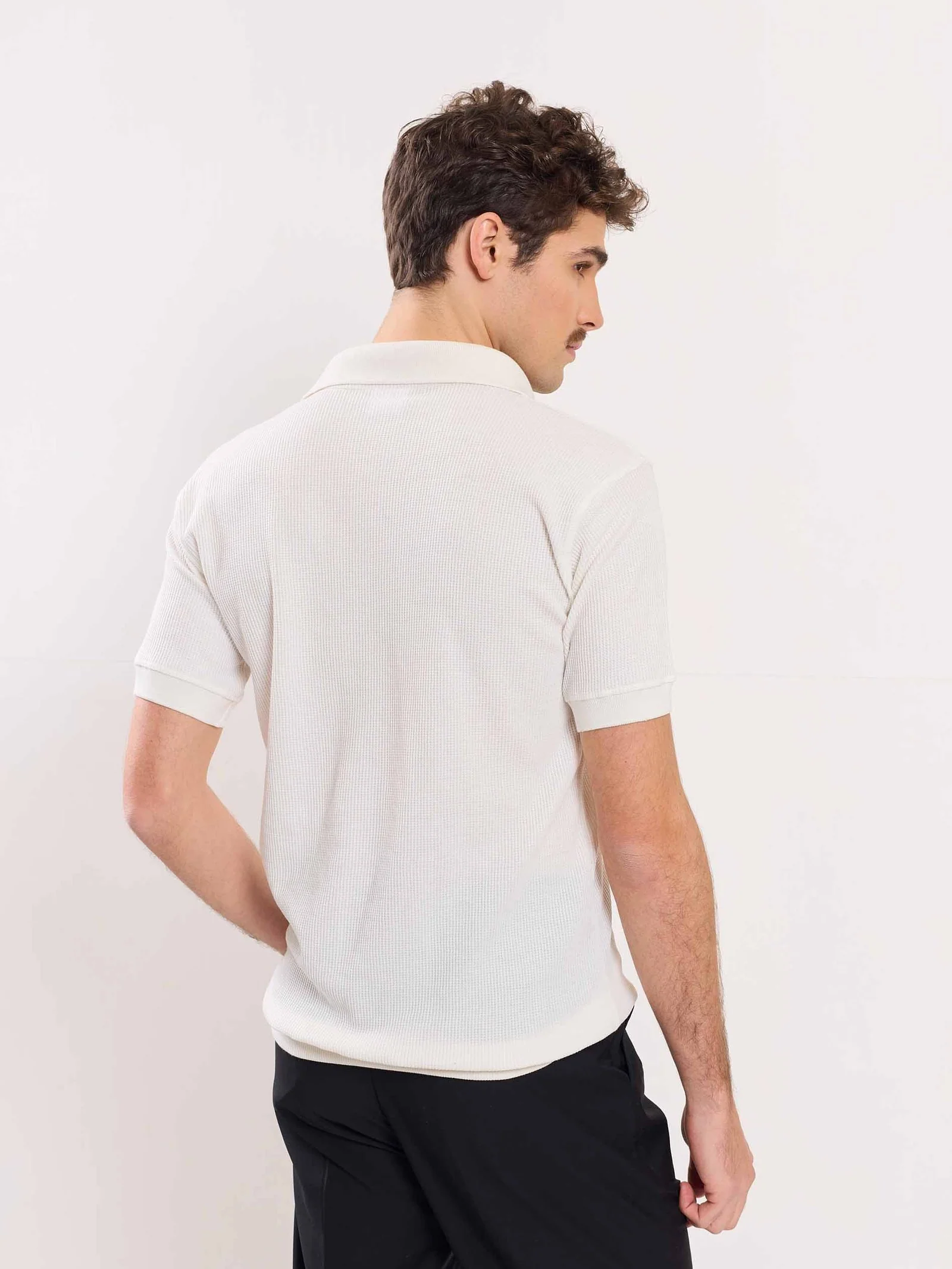 Off White Waffle Knit Polo T-shirt - Image 6