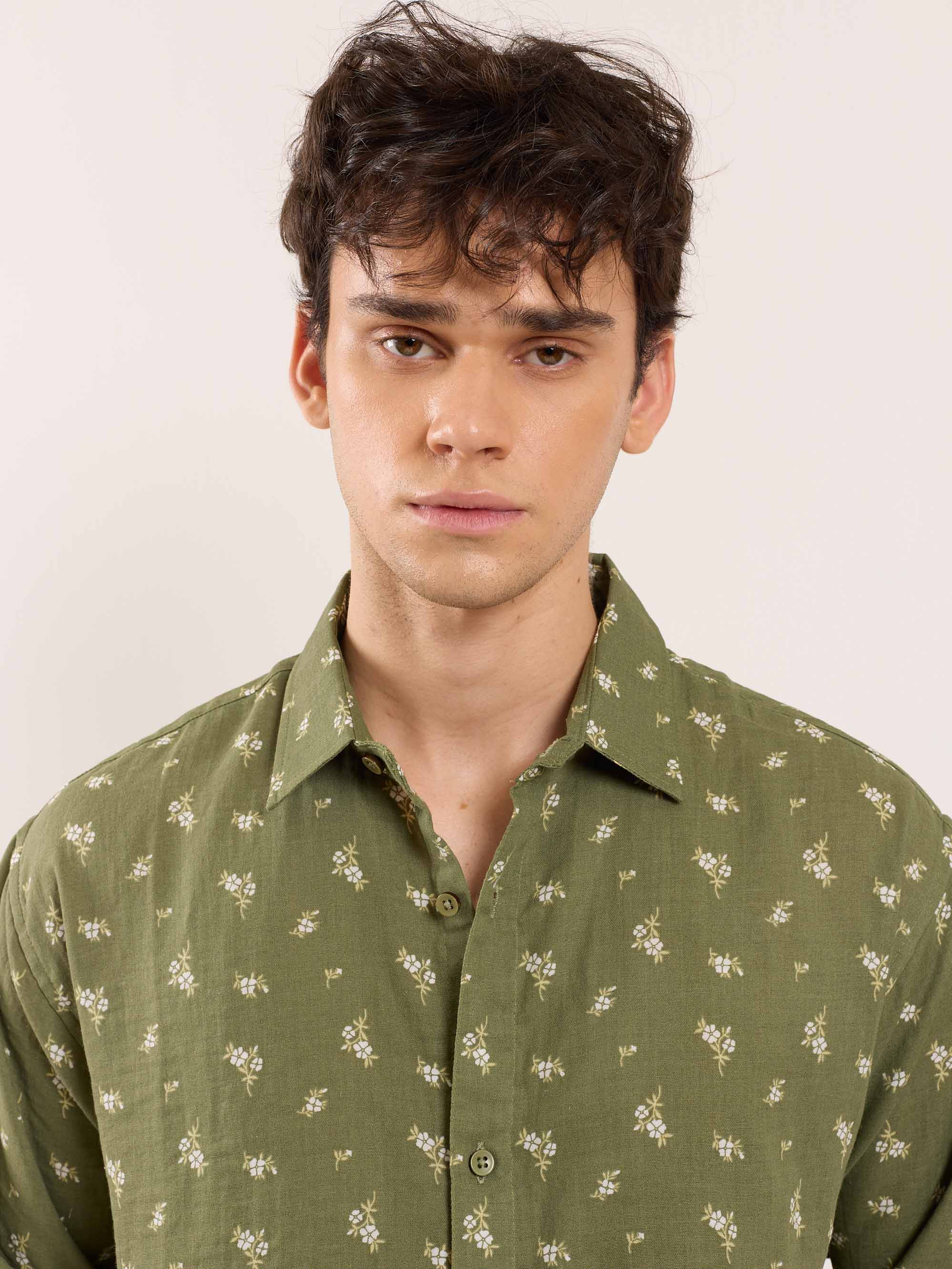 Olive Floral Printed Gauze Shirt - Image 3