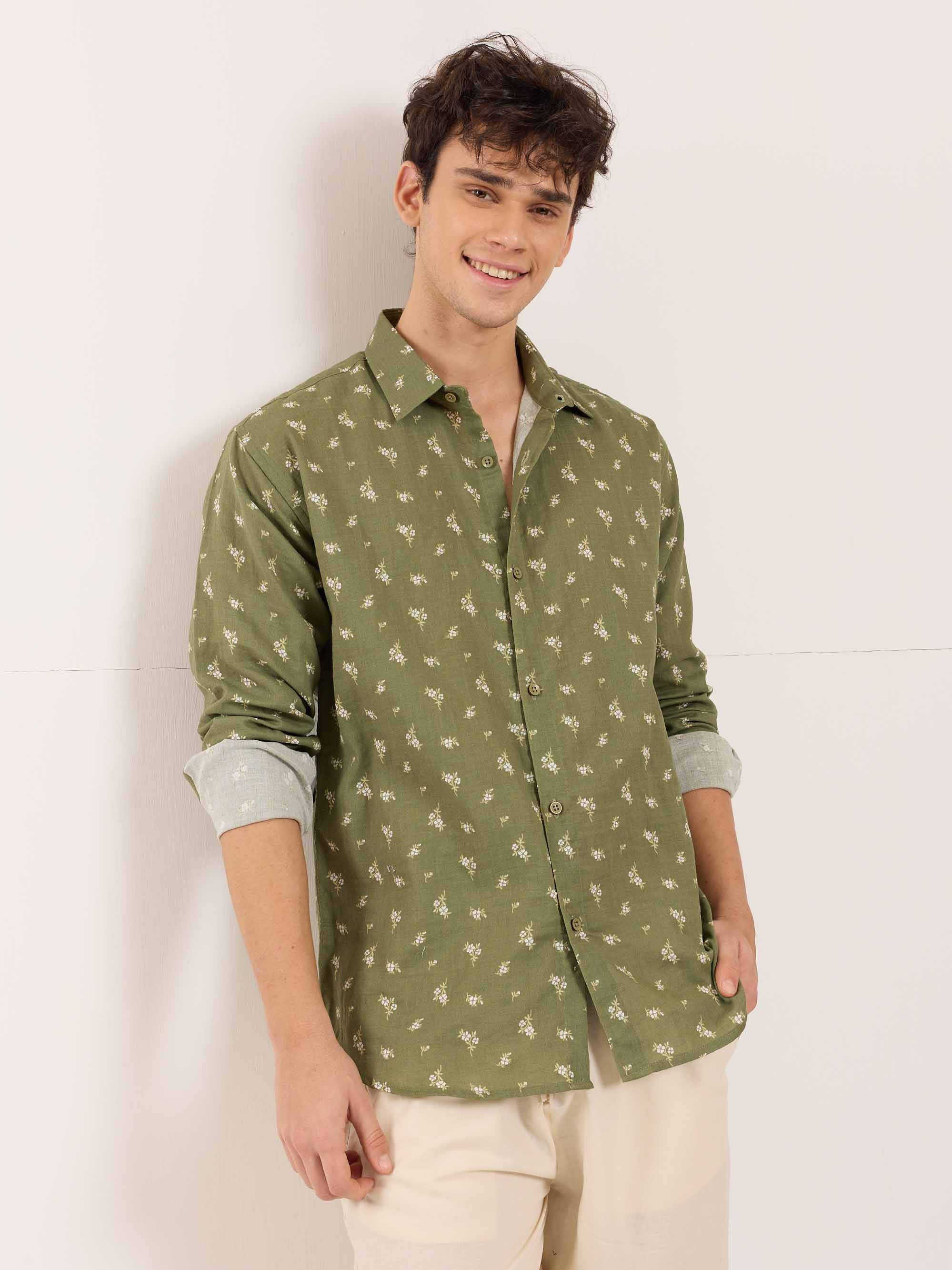 Olive Floral Printed Gauze Shirt - Image 4