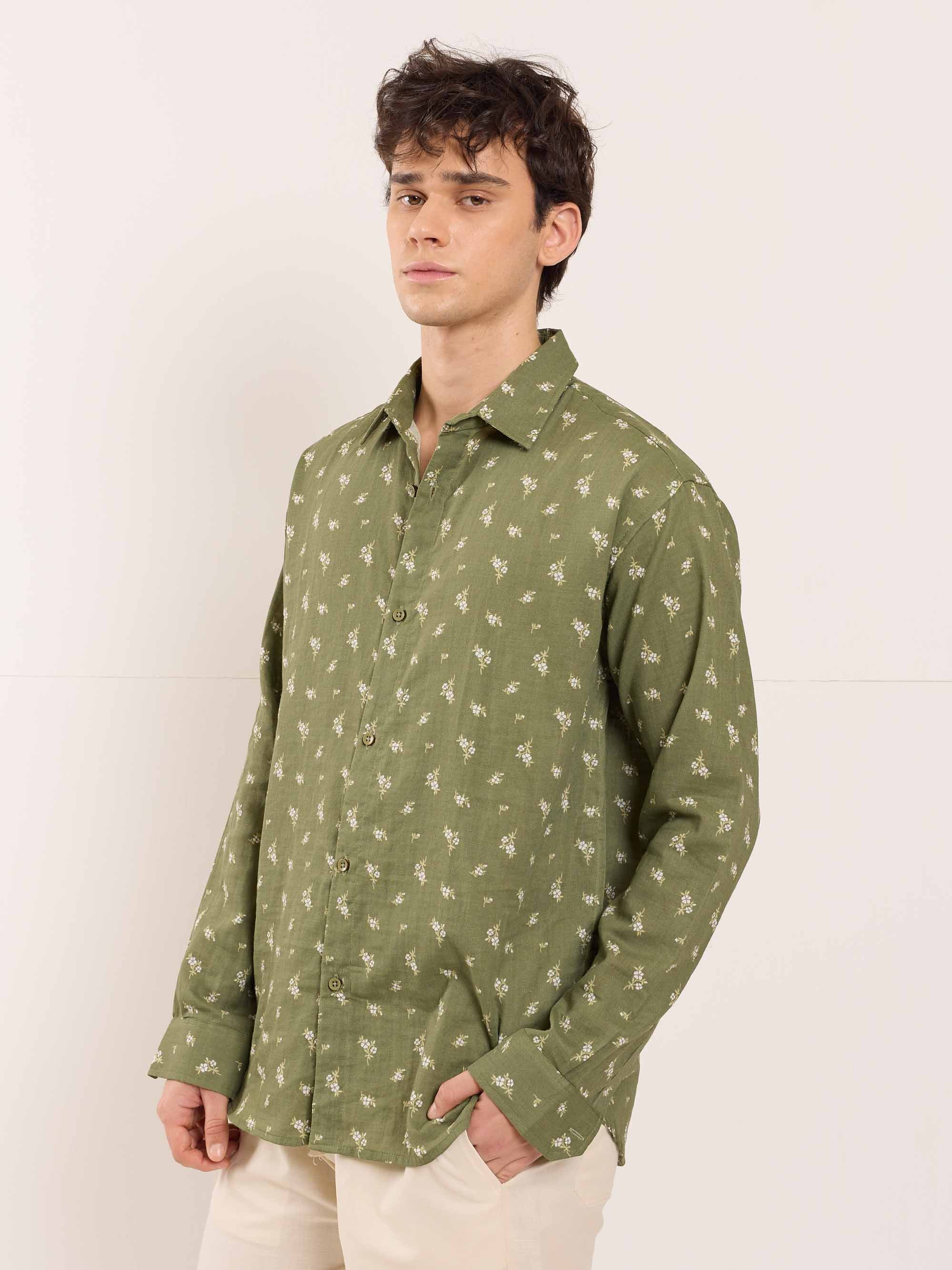 Olive Floral Printed Gauze Shirt - Image 5