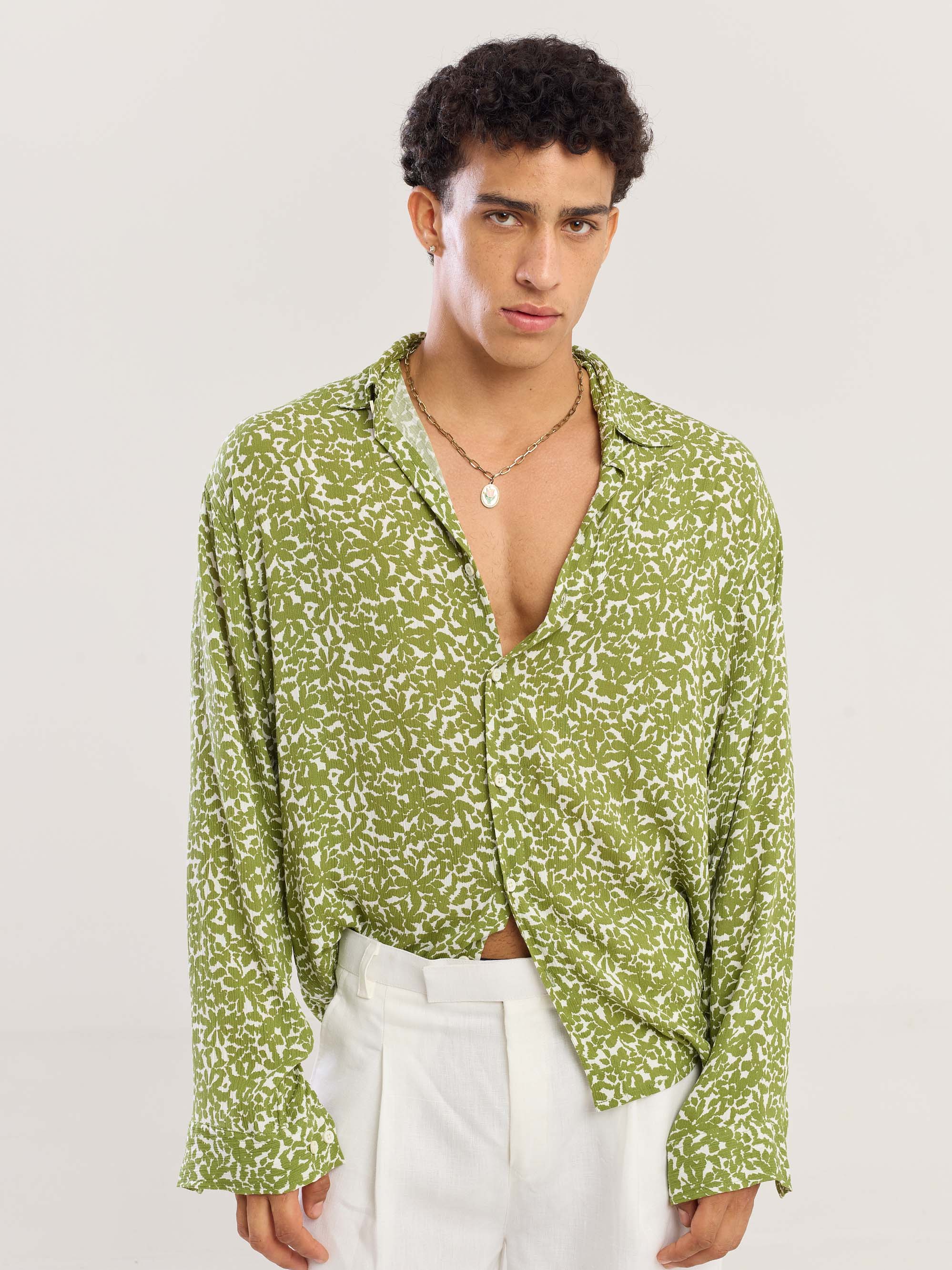 Olive Floral Wrinkled Shirt - Image 3