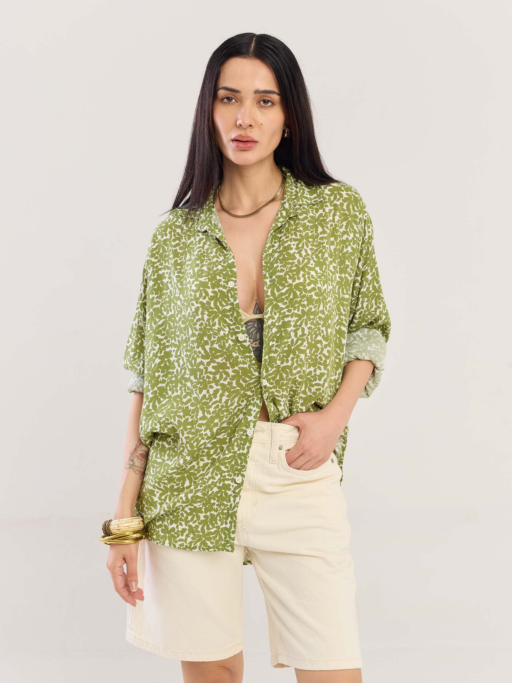 Olive Floral Wrinkled Shirt - Image 4