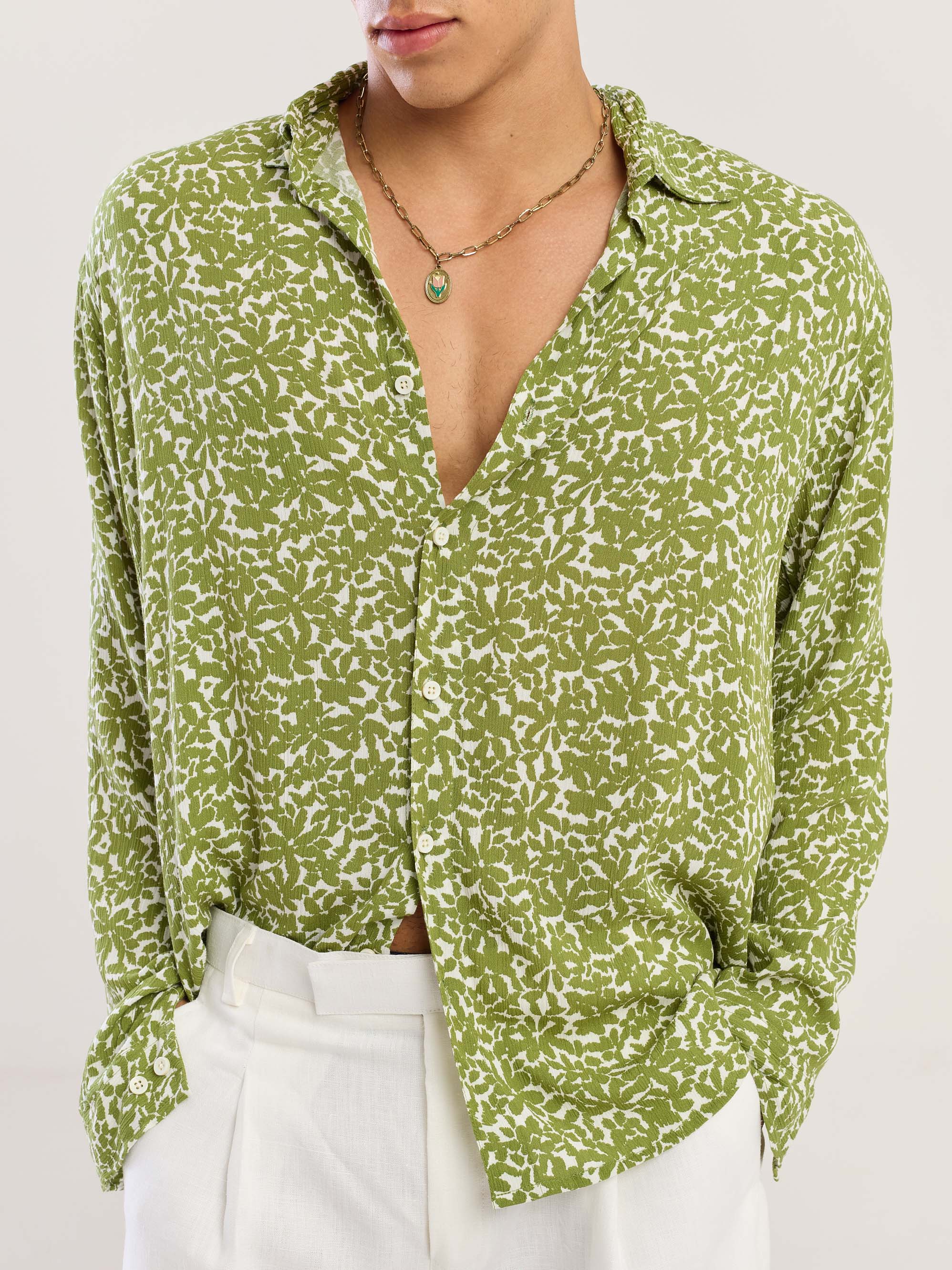 Olive Floral Wrinkled Shirt - Image 5