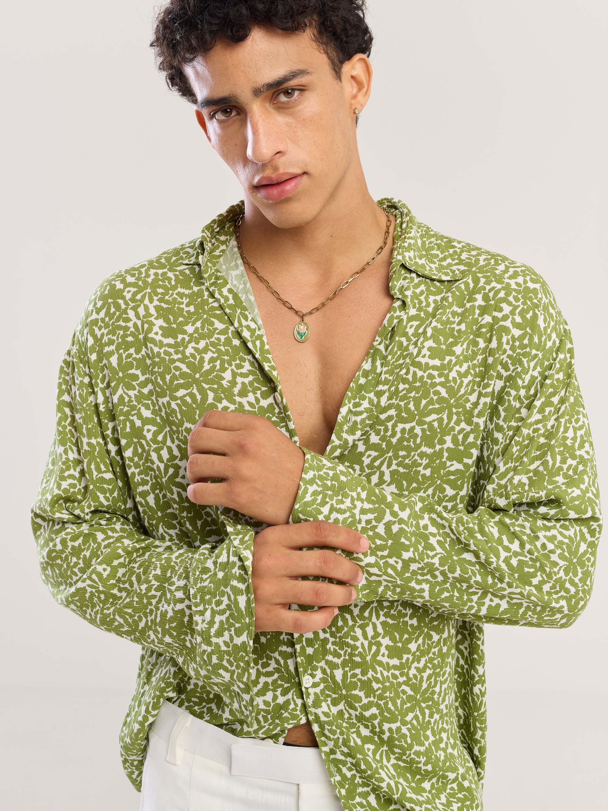 Olive Floral Wrinkled Shirt - Image 7