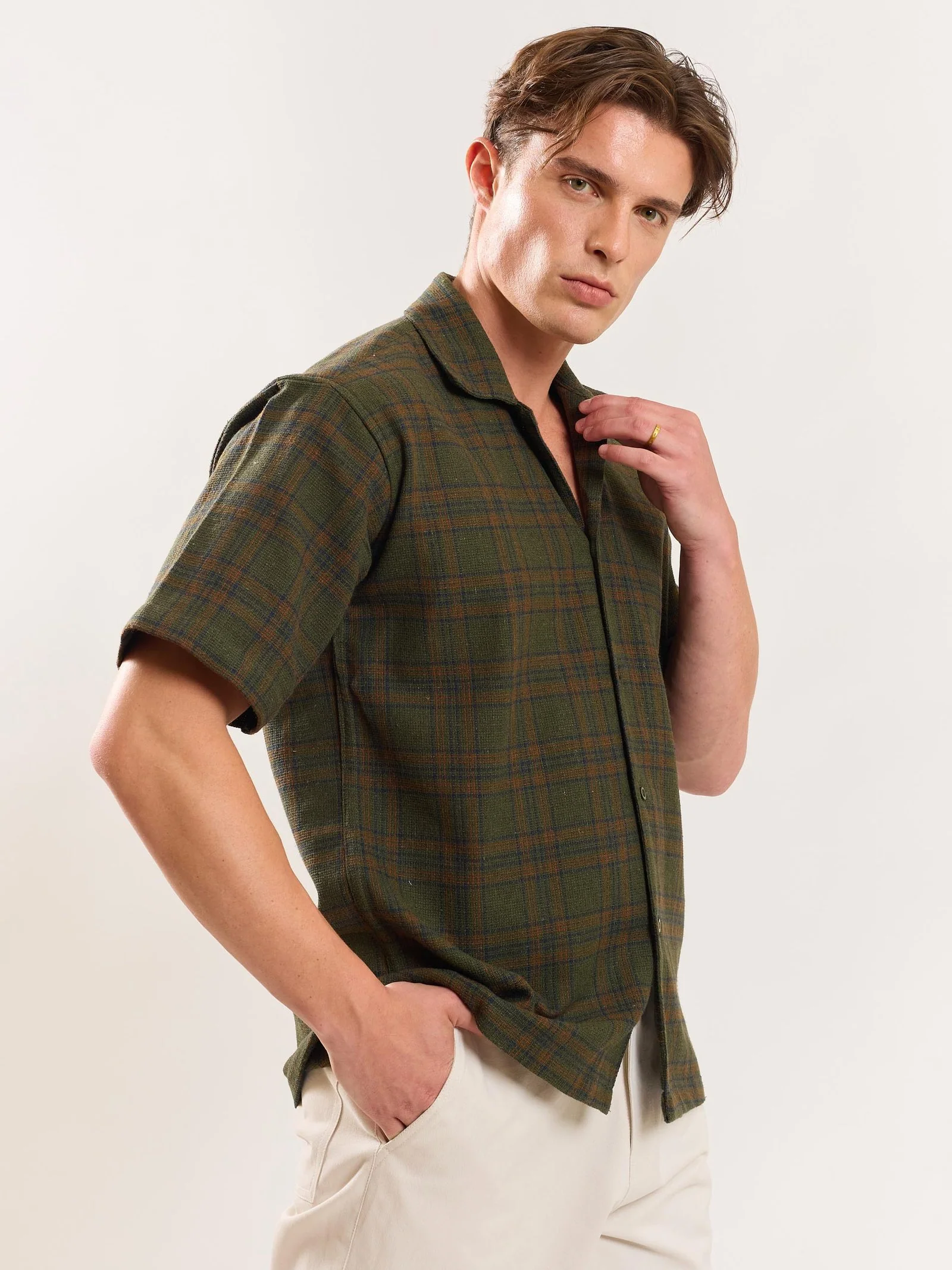 Olive Green Checked Knit Shirt - Image 5