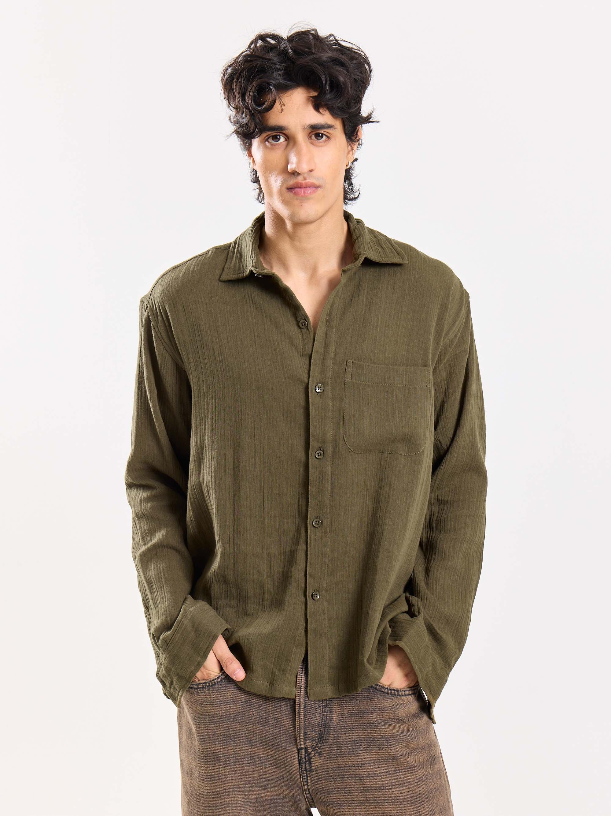 Olive Green Gauze Holiday Shirt - Image 2