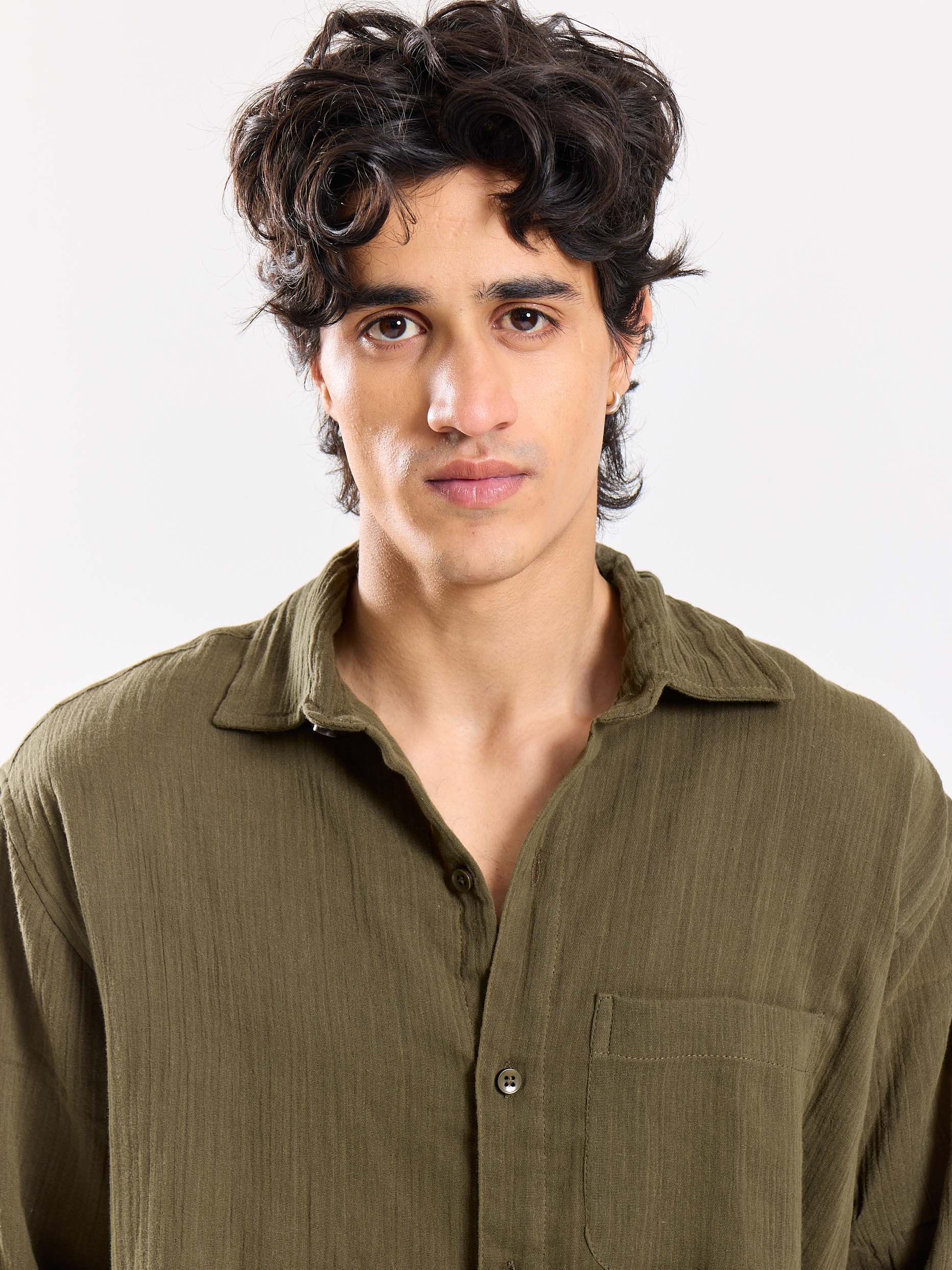 Olive Green Gauze Holiday Shirt - Image 3