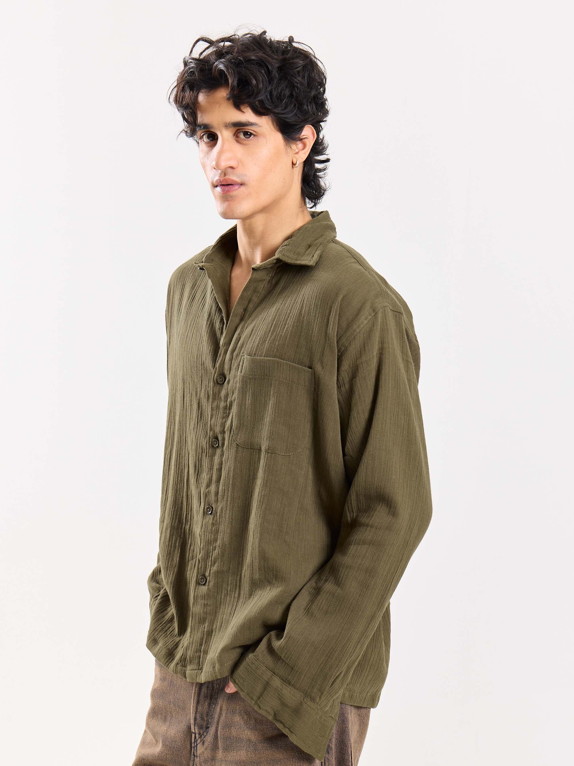 Olive Green Gauze Holiday Shirt - Image 5