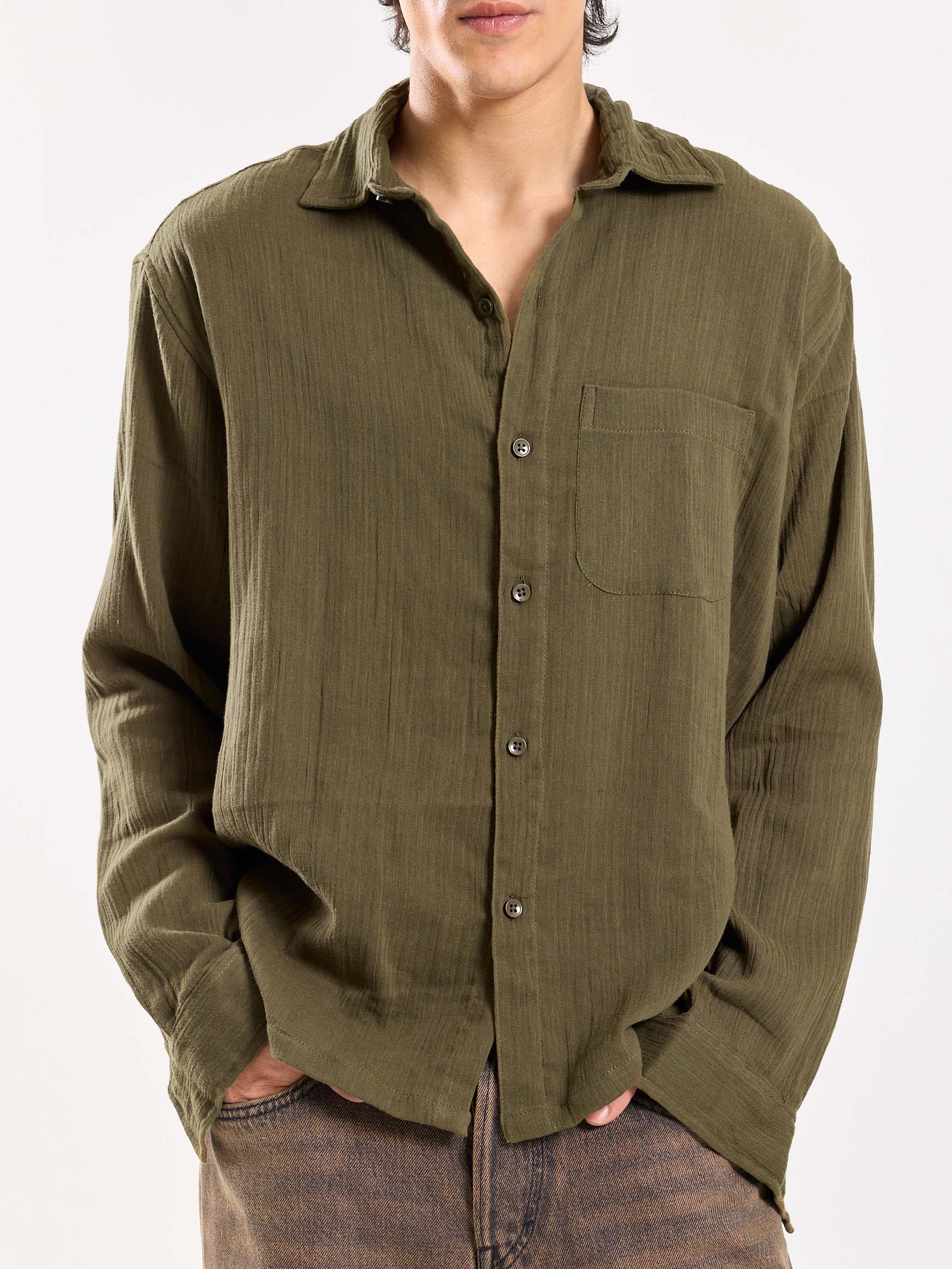 Olive Green Gauze Holiday Shirt - Image 6