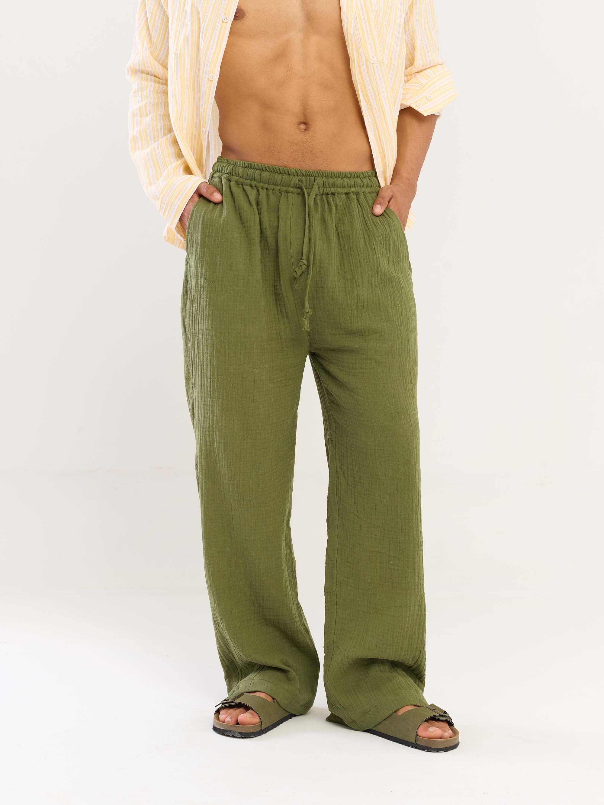 Olive Green Gauze Pull-on Pants - Image 3