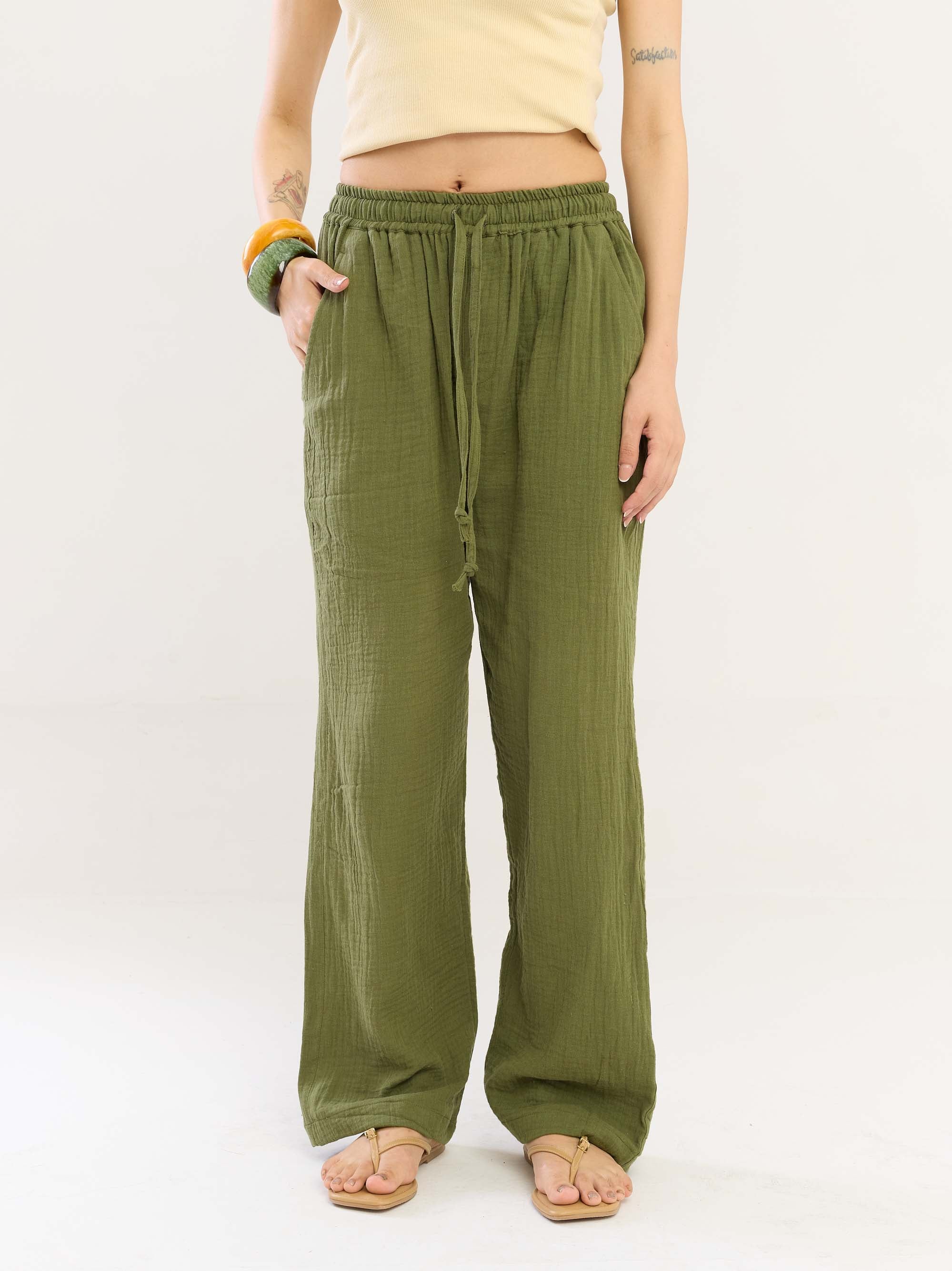 Olive Green Gauze Pull-on Pants - Image 4