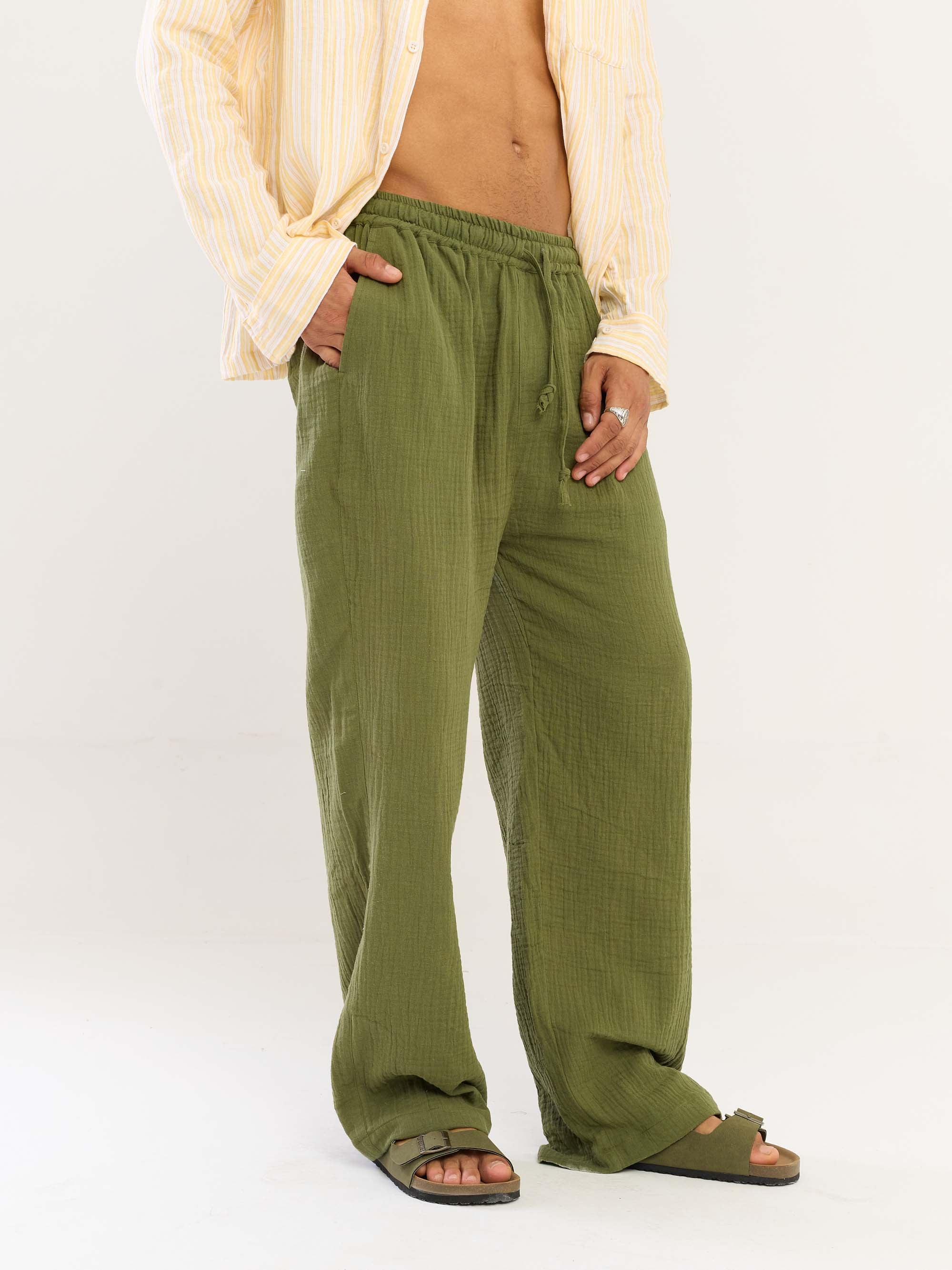 Olive Green Gauze Pull-on Pants - Image 5