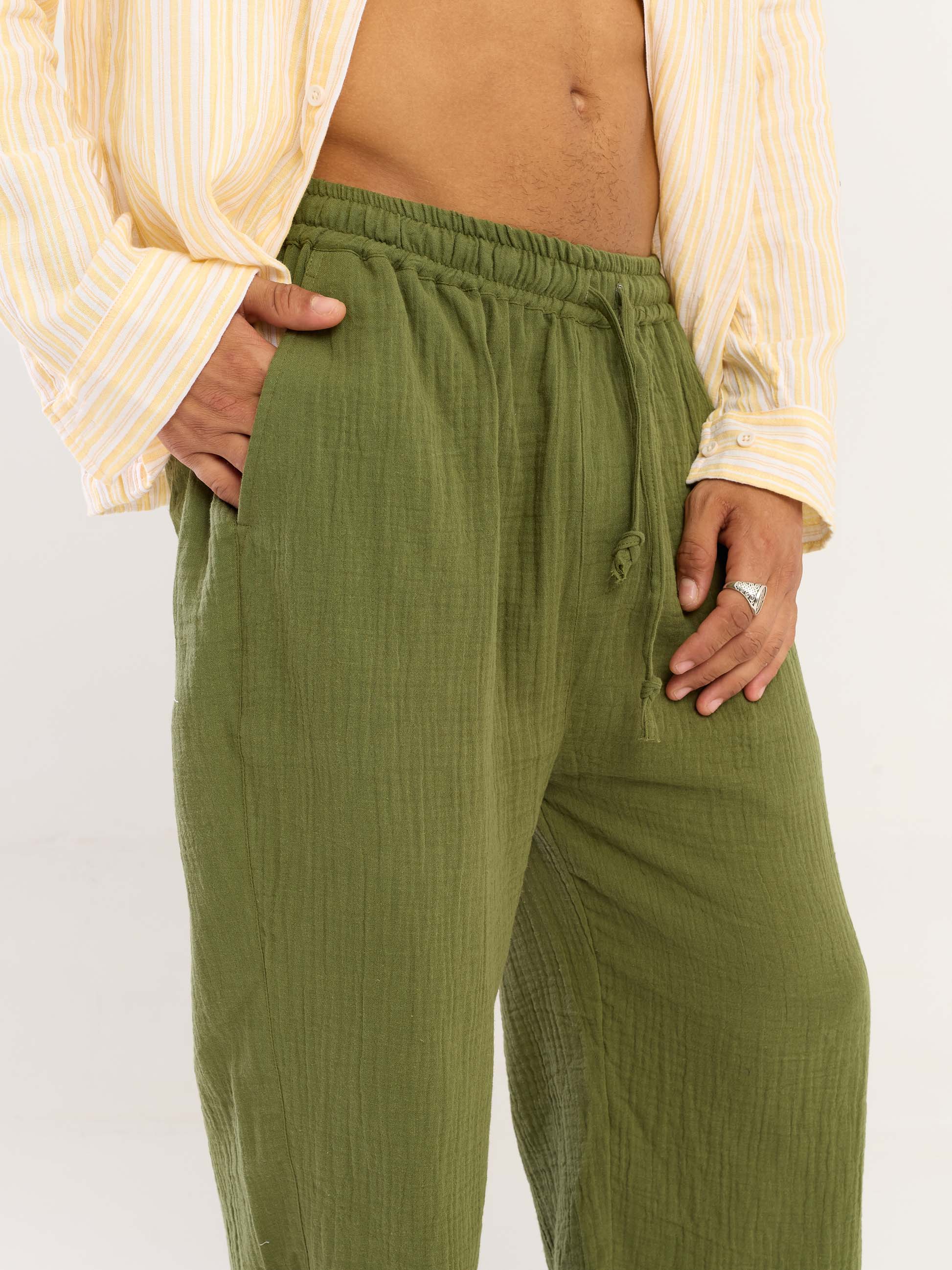 Olive Green Gauze Pull-on Pants - Image 6